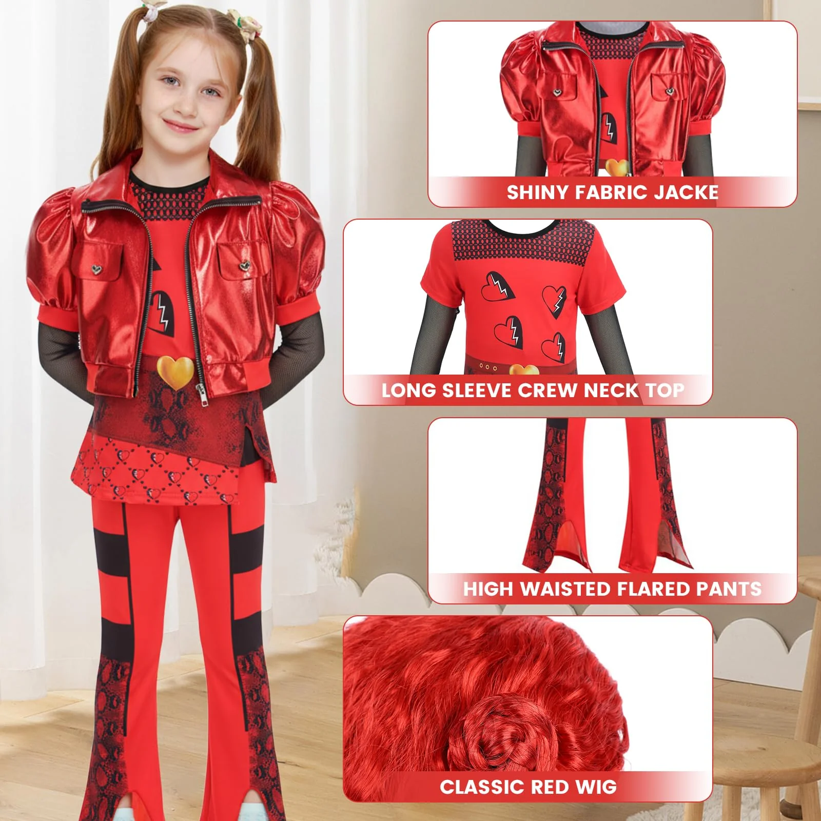 TAMOSKY Rise of Red Costume Girls Kids Halloween Christmas Cosplay Outfits with Red Cosplay Wig Includes Heart Shirt Jacket Pants Set Party Dress up for Kids 4-14Y - Image 7