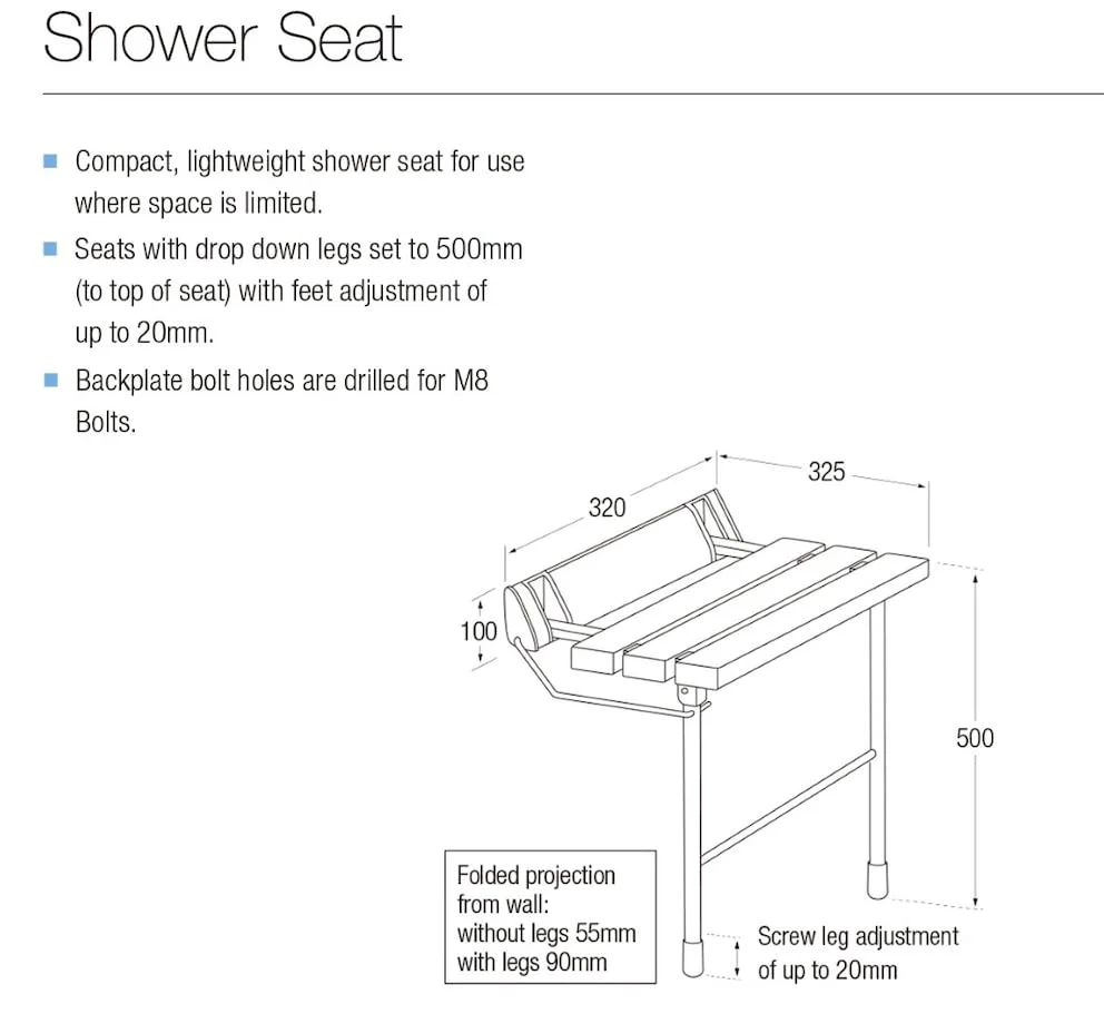 Taps2Traps® Wall Mounted Fold Down Shower Seat With Legs - Image 4