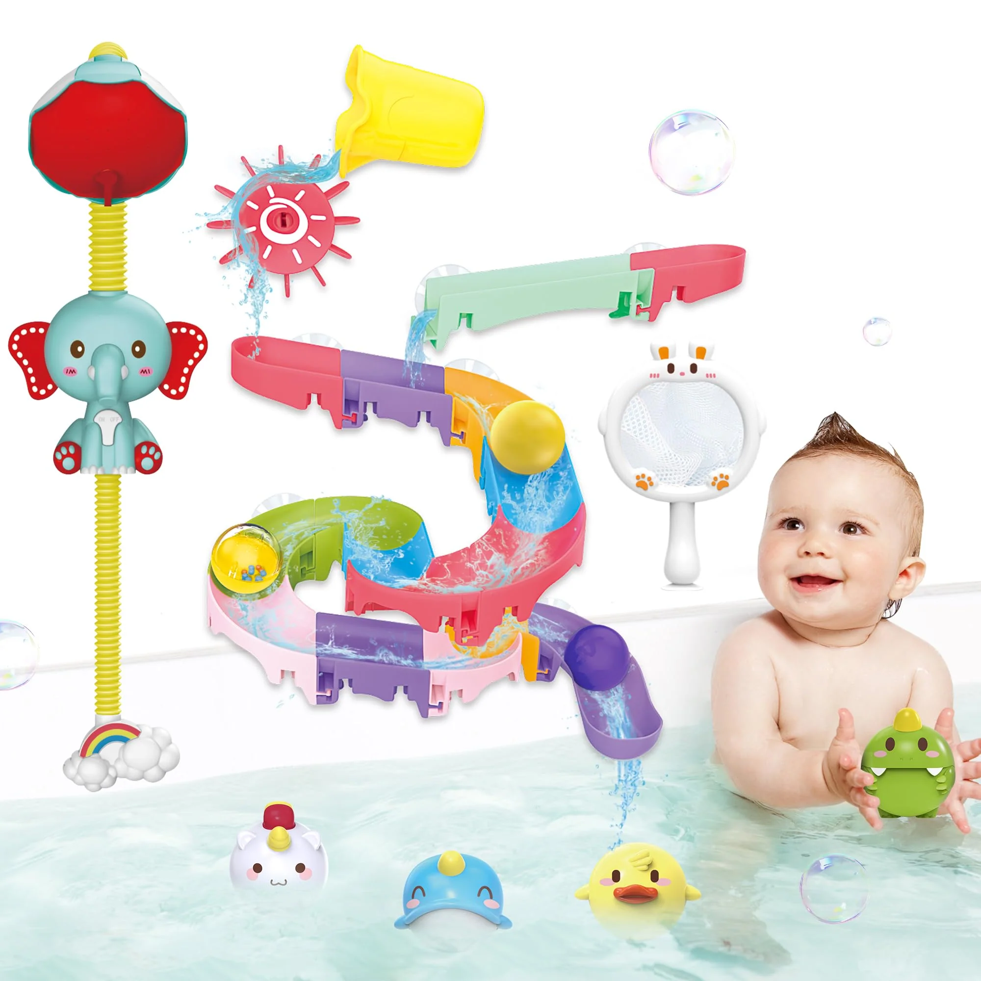 taseyok Toddler Bath Toys, Baby Bathtub Toys with Elephant Shower Sprays and Slide Track, Fishing Floating Animals Toys, Creative Shower Toys Christmas Birthday Gifts for Boys and Girls - Image 2
