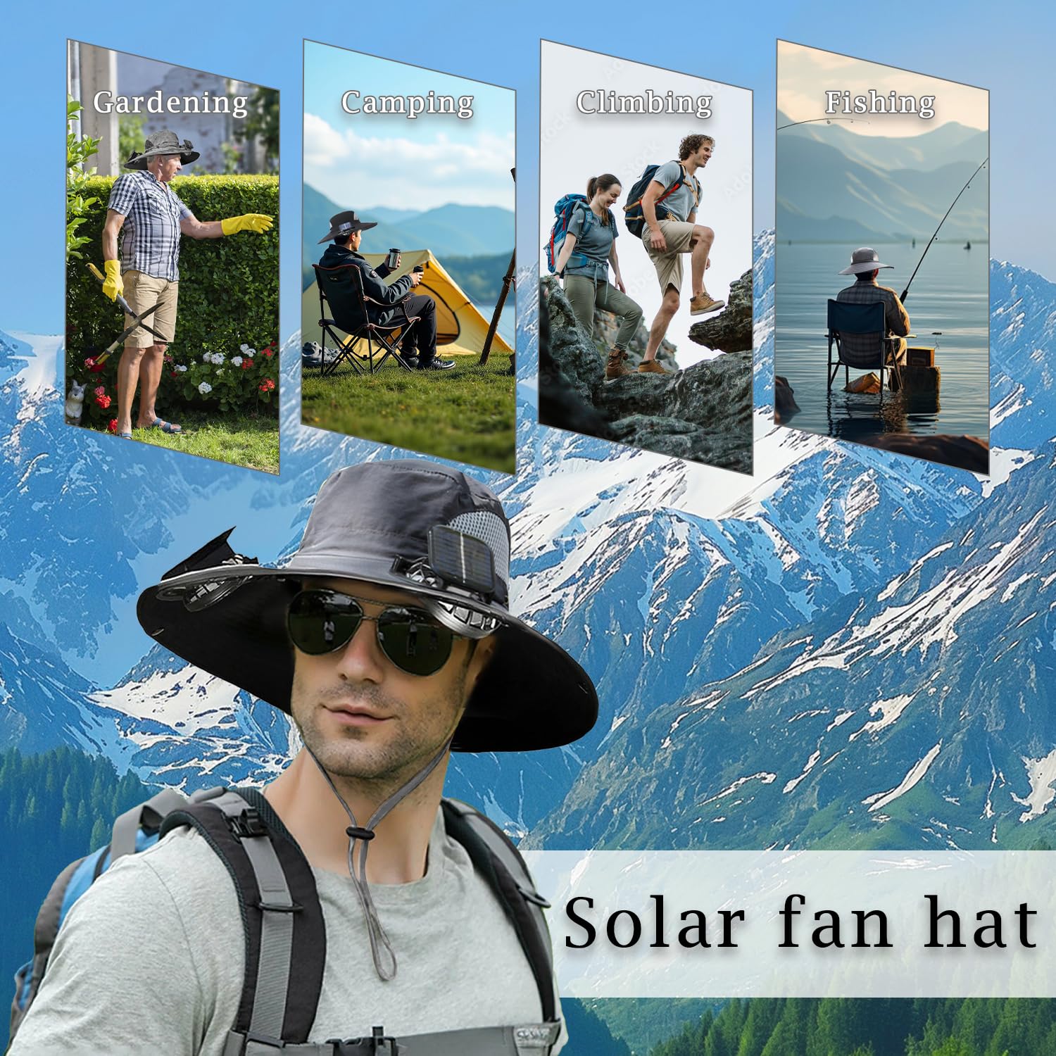 Tcairzl Solar Fan Hat,2025 New Solar Powered Fan Hat,with 2 Solar Fan Fishing Hat,Removable & USBCharging Fan (US, Alpha, One Size, Camouflage) - Image 2