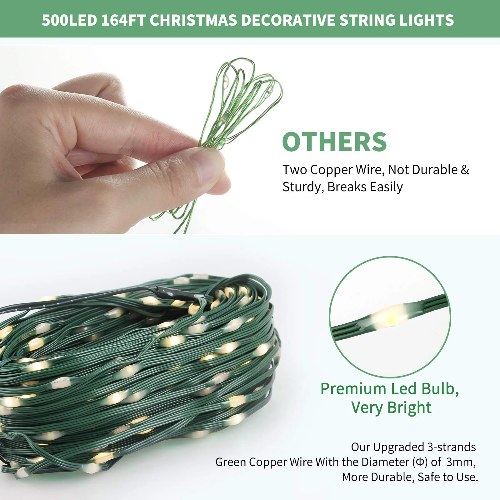 Tcamp 164FT 500 LED Christmas Lights, 8 Modes Christmas Tree Lights with Timer Memory Function, Green Wire Starry Fairy String Light for Xmas Tree Halloween Outdoor Indoor Decor (Warm White) - Image 5