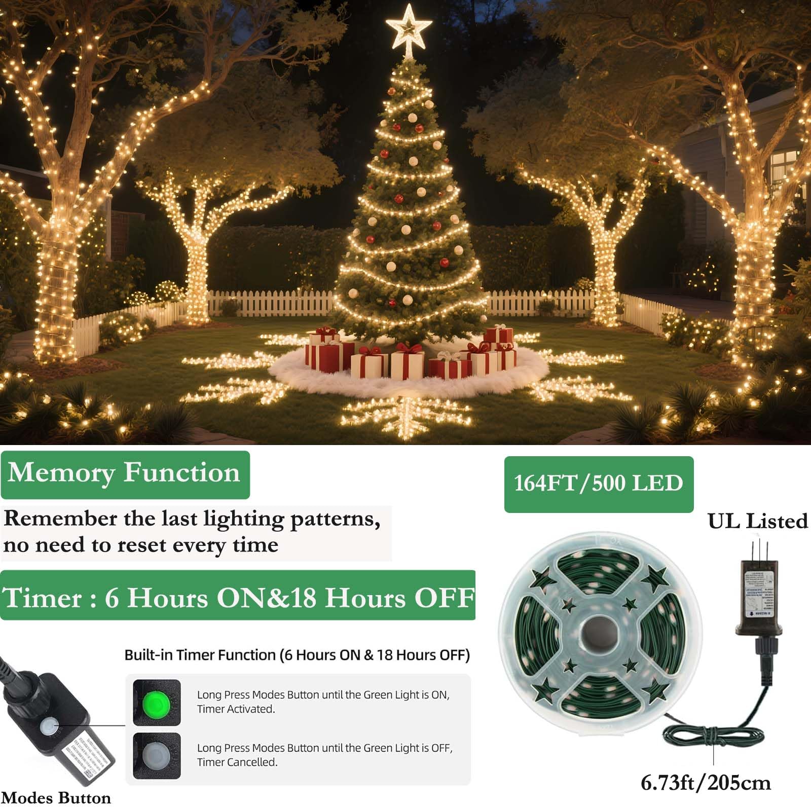 Tcamp 164FT 500 LED Christmas Lights, 8 Modes Christmas Tree Lights with Timer Memory Function, Green Wire Starry Fairy String Light for Xmas Tree Halloween Outdoor Indoor Decor (Warm White) - Image 8