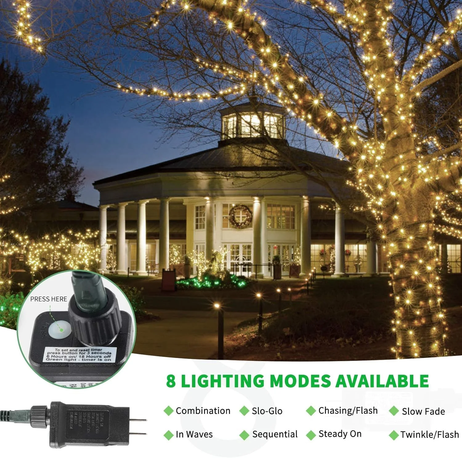 Tcamp 164FT 500 LED Christmas Lights, 8 Modes Christmas Tree Lights with Timer Memory Function, Green Wire Starry Fairy String Light for Xmas Tree Halloween Outdoor Indoor Decor (Warm White) - Image 9