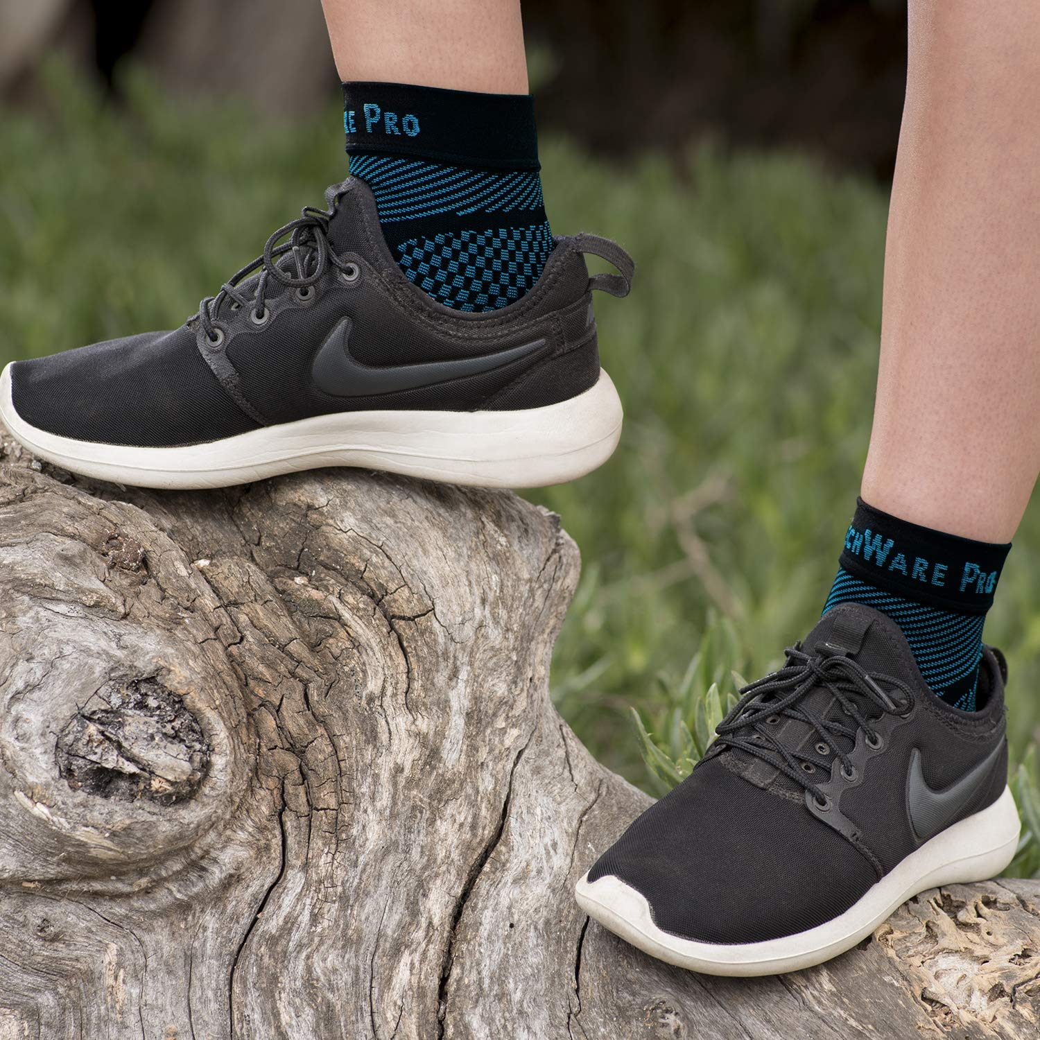TechWare Pro Ankle Brace Compression Sleeve - Relieves Achilles Tendonitis, Joint Pain. Plantar Fasciitis Foot Sock with Arch Support Reduces Swelling & Heel Spur Pain. (Black/Blue, S/M) - Image 3