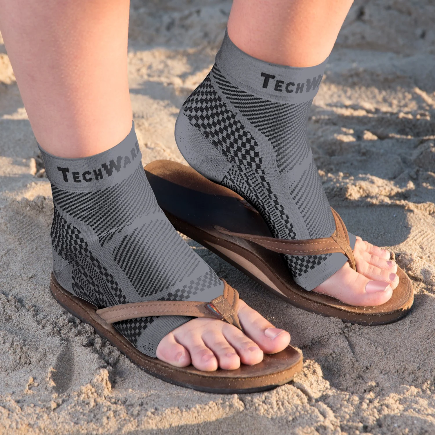 TechWare Pro Ankle Brace Compression Sleeve - Relieves Achilles Tendonitis, Joint Pain. Plantar Fasciitis Foot Sock with Arch Support Reduces Swelling & Heel Spur Pain. (Gray, L/XL) - Image 2