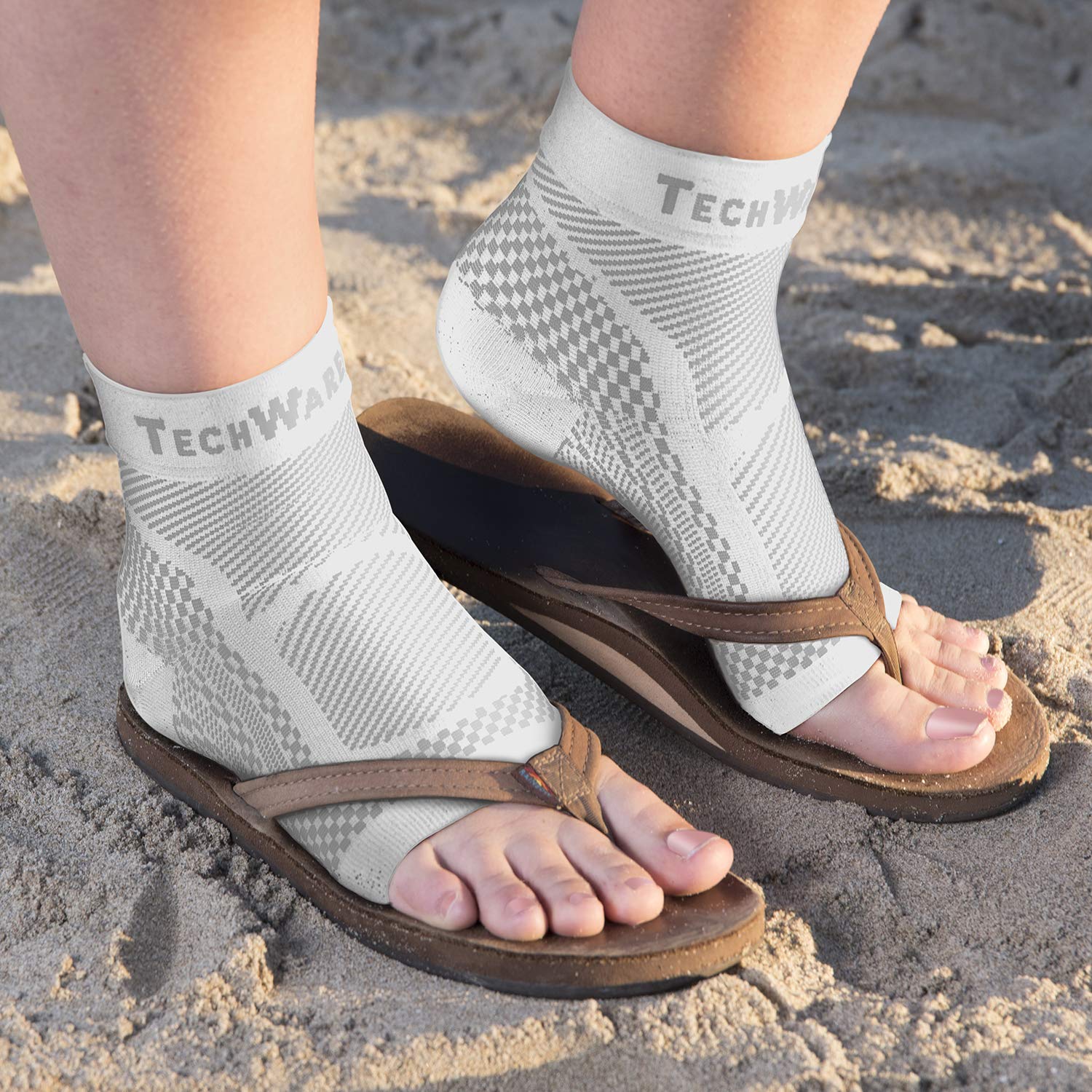 TechWare Pro Ankle Brace Compression Sleeve - Relieves Achilles Tendonitis, Joint Pain. Plantar Fasciitis Foot Sock with Arch Support Reduces Swelling & Heel Spur Pain. (White, L/XL) - Image 2