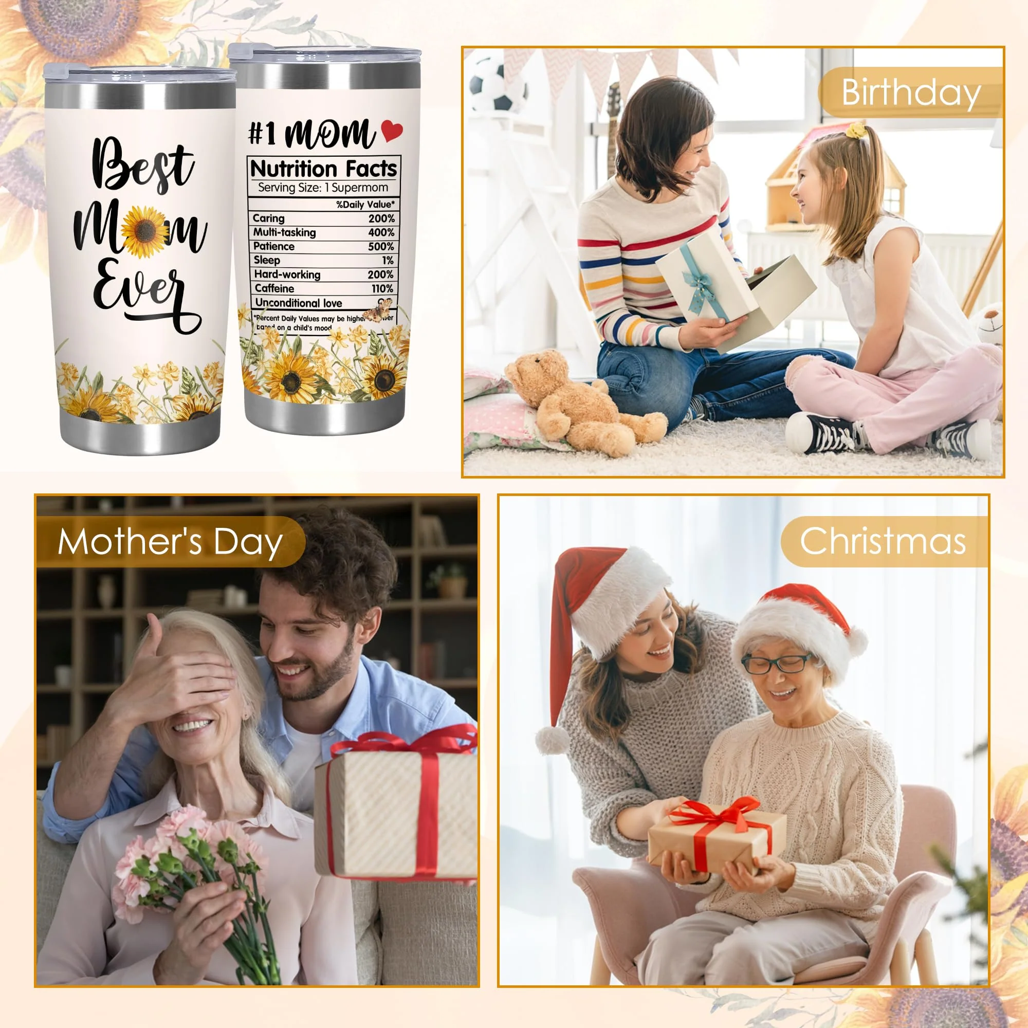 TEEZWONDER Christmas Birthday Gifts for Mom from Daughter Son - #1 Nutrition Facts Sunflower Stainless Steel Insulated Coffee Tumbler with Lid 20 oz - Mothers Birthday Gifts for Mama Grandma Women - Image 2