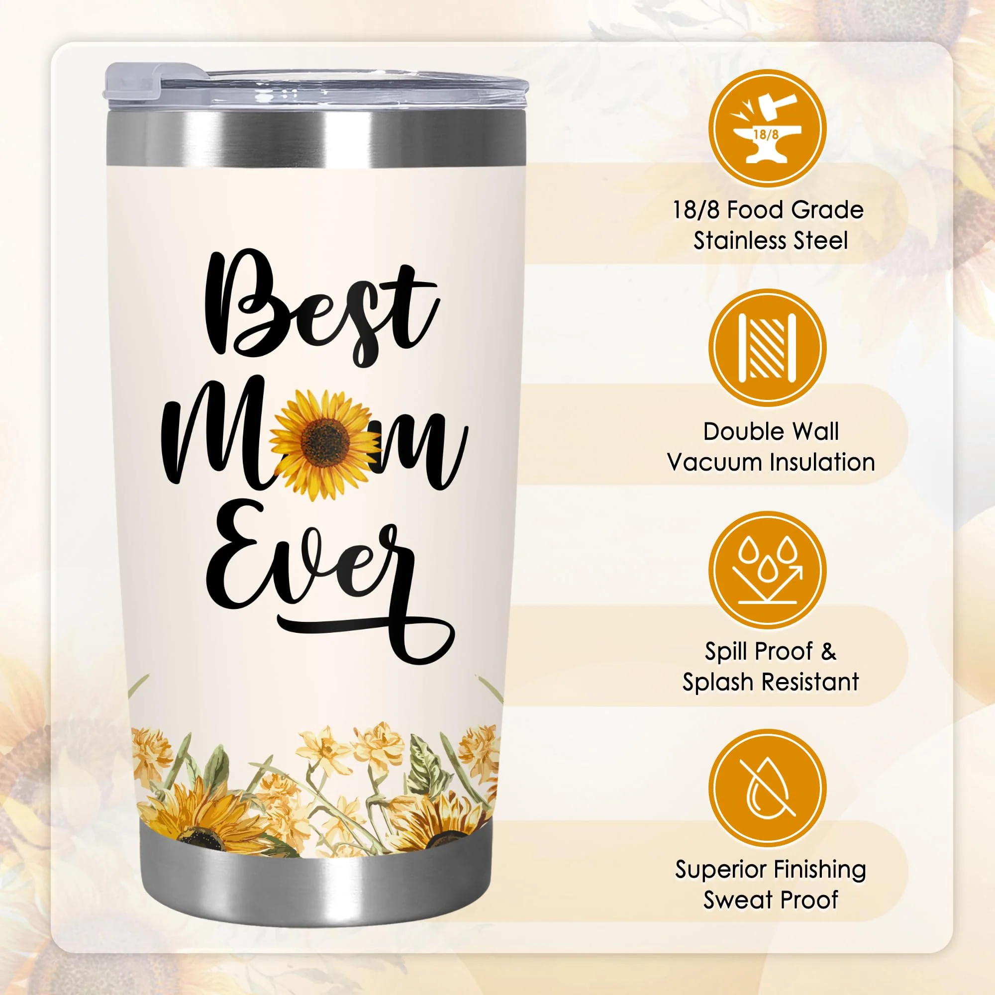 TEEZWONDER Christmas Birthday Gifts for Mom from Daughter Son - #1 Nutrition Facts Sunflower Stainless Steel Insulated Coffee Tumbler with Lid 20 oz - Mothers Birthday Gifts for Mama Grandma Women - Image 5