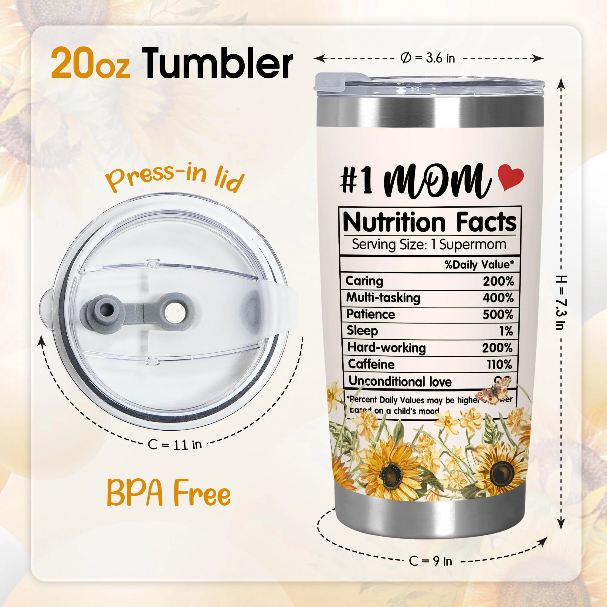 TEEZWONDER Christmas Birthday Gifts for Mom from Daughter Son - #1 Nutrition Facts Sunflower Stainless Steel Insulated Coffee Tumbler with Lid 20 oz - Mothers Birthday Gifts for Mama Grandma Women - Image 6