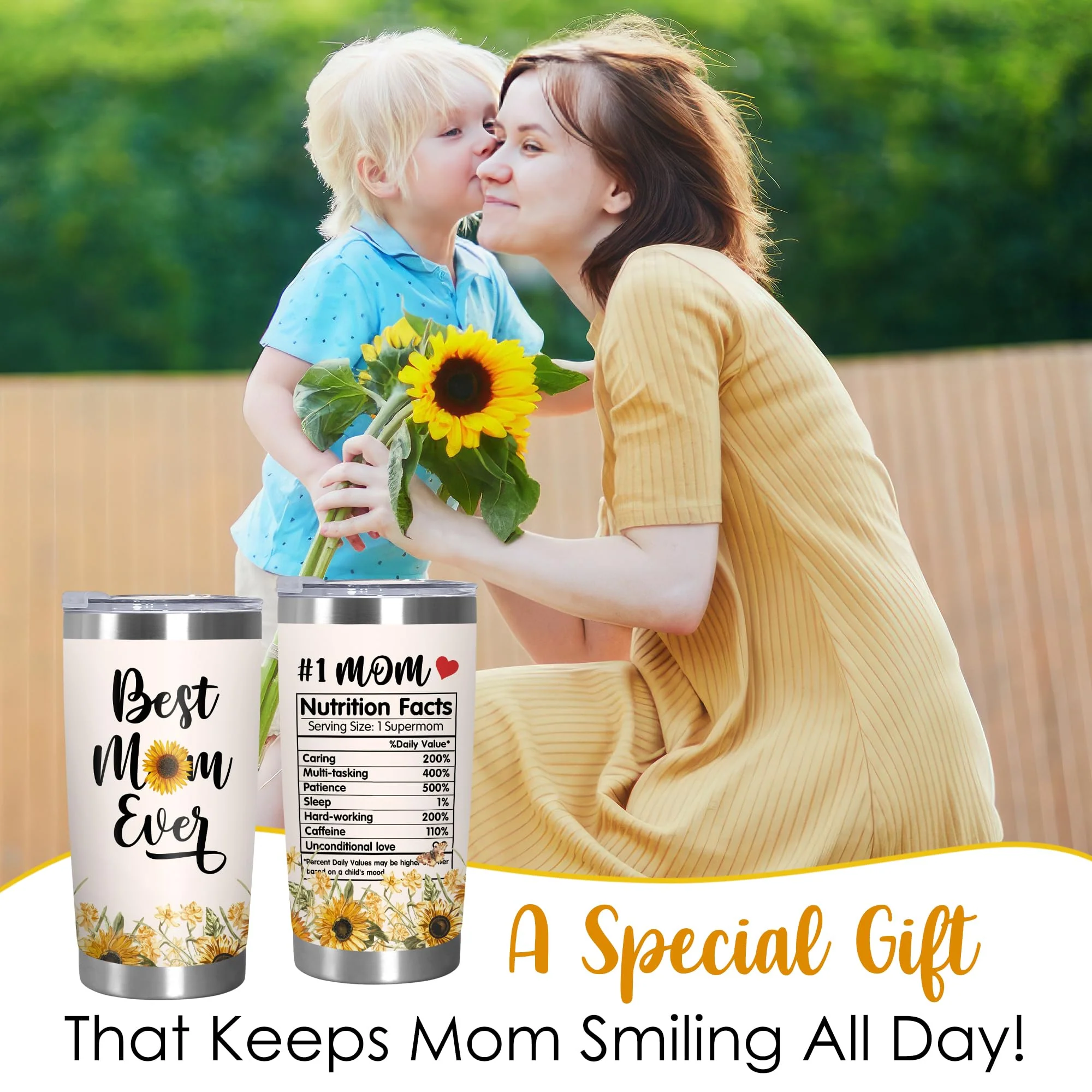 TEEZWONDER Christmas Birthday Gifts for Mom from Daughter Son - #1 Nutrition Facts Sunflower Stainless Steel Insulated Coffee Tumbler with Lid 20 oz - Mothers Birthday Gifts for Mama Grandma Women - Image 7