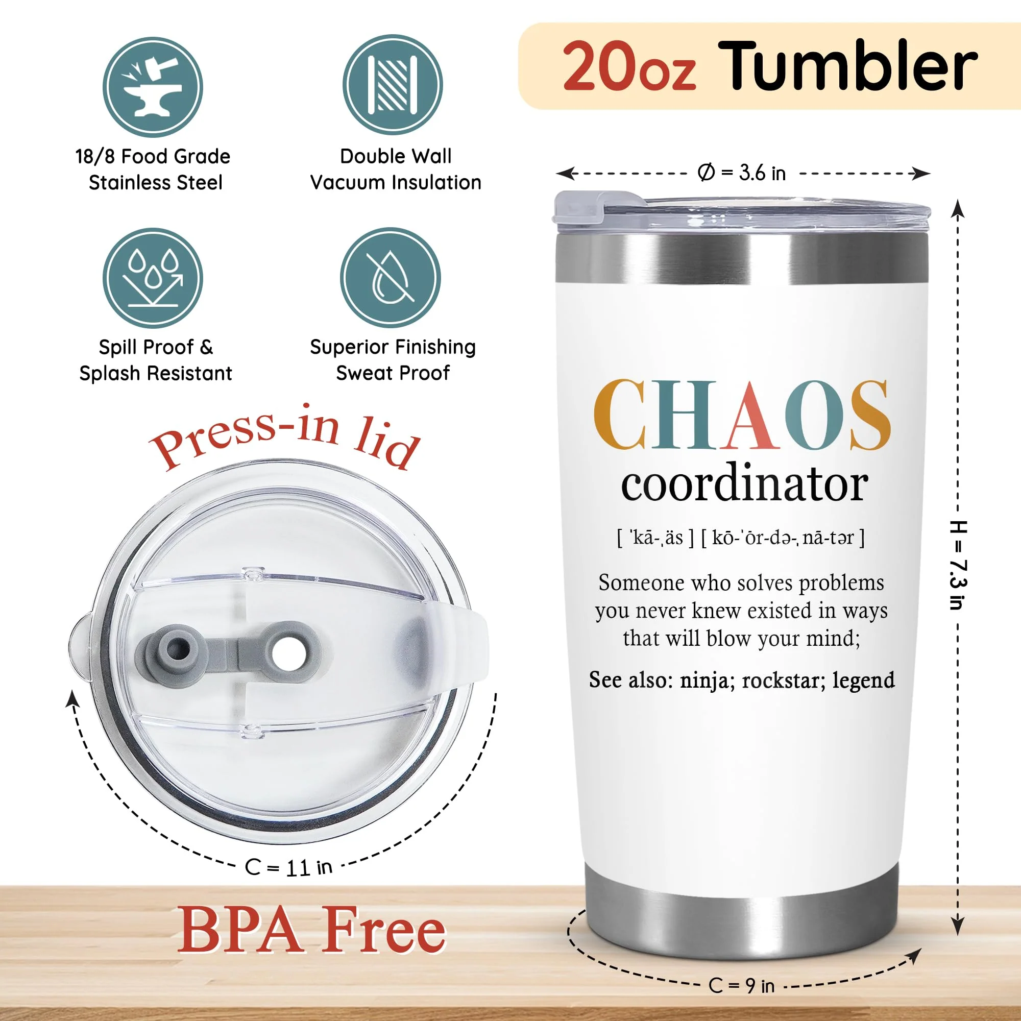 TEEZWONDER Christmas Thank You Gifts For Women - Chaos Coordinator Insulated Coffee Tumbler with Lid 20 oz - Teacher Retirement Appreciation Birthday Gifts for Women Friends Coworkers Boss Employee - Image 6