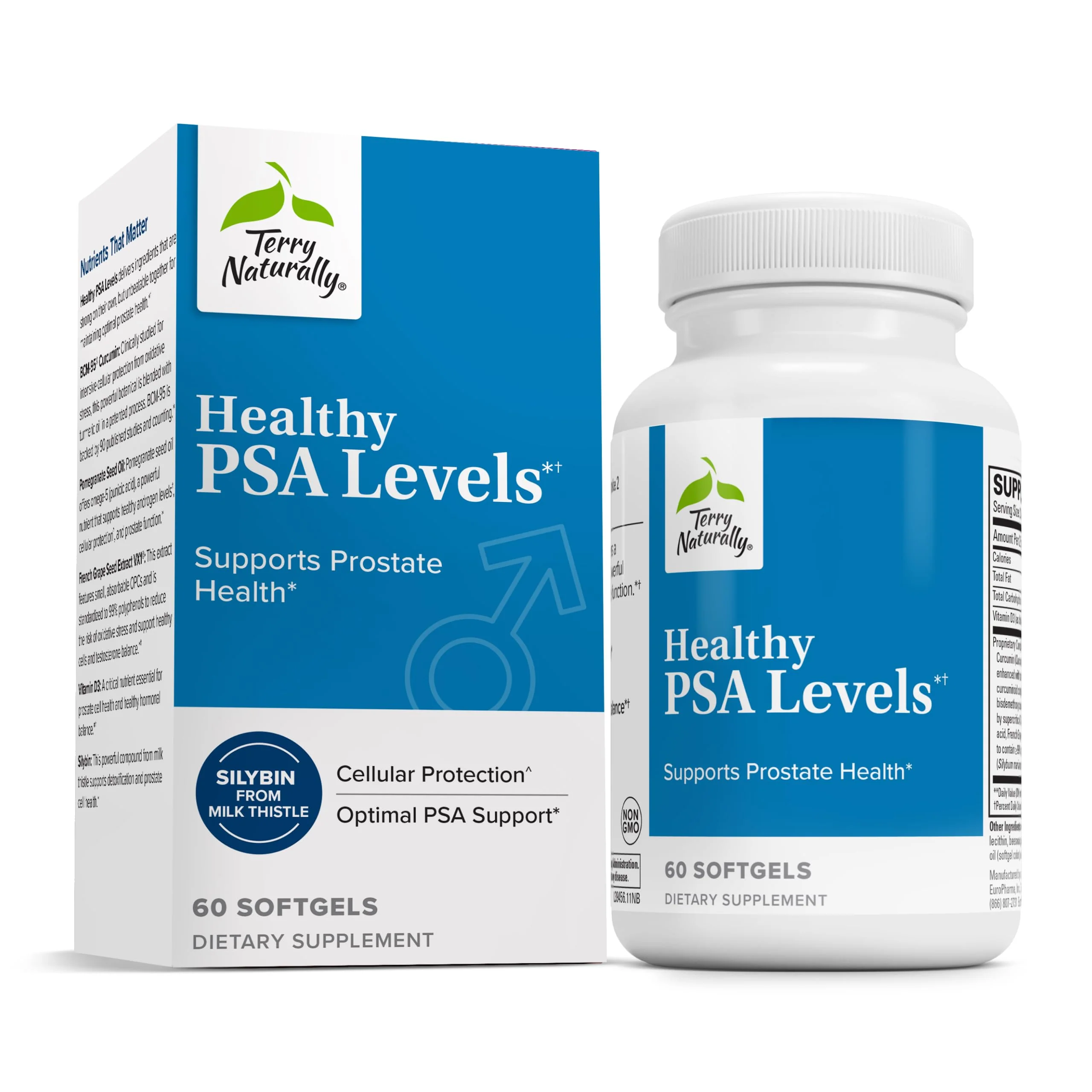 Terry Naturally Healthy PSA Levels - Dietary Supplement for Healthy Prostate & Hormone Balance Support - Herbal Supplement with Curcumin, Turmeric Essential Oil & Grape Seed Extract - 60 Softgels