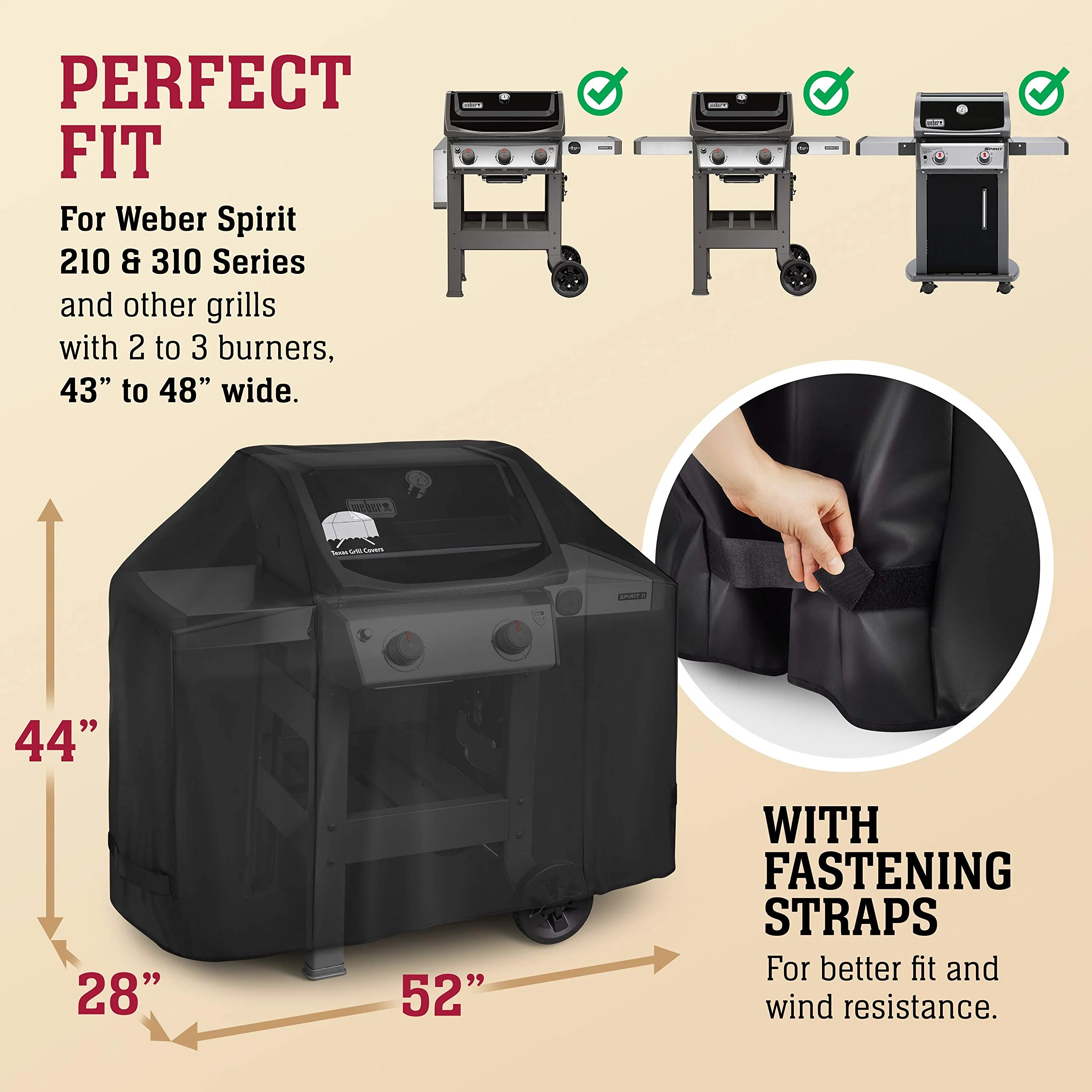 Texas Grill Covers - Grill Cover for Weber Spirit II 300, Sprit 300 and Spirit 200 Series / 7106 - Heavy Duty/Rip-Proof UV Resistant Fabric - Grill Brush and Barbecue Tongs Included- Black - Image 6