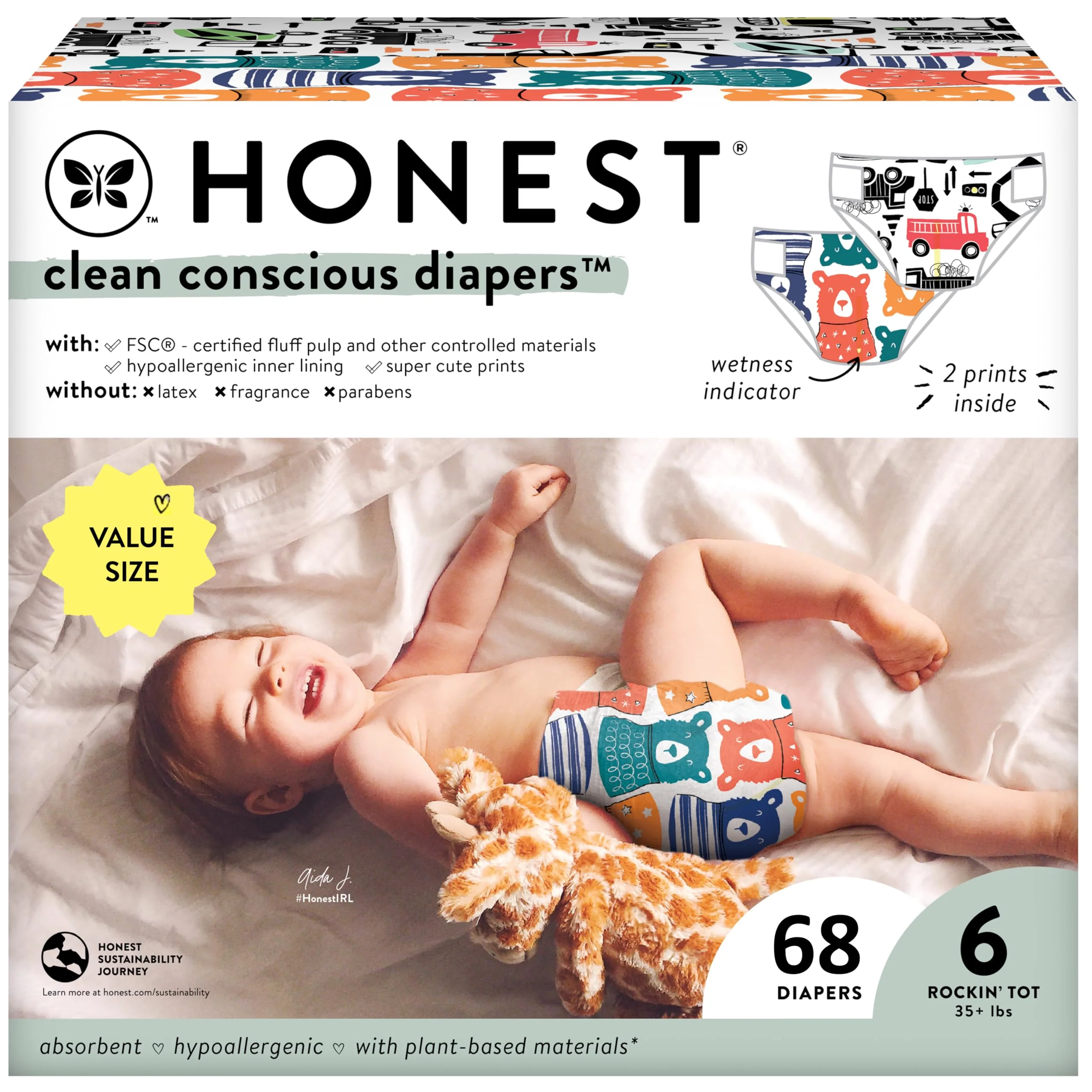 The Honest Company Clean Conscious Diapers for Sensitive Skin | Hypoallergenic, Fragrance Free | Gender Neutral Prints | Super Club Box, Size 3 (16-28 lbs), 120 Count (Prints May Temporarily Vary) - Image 25