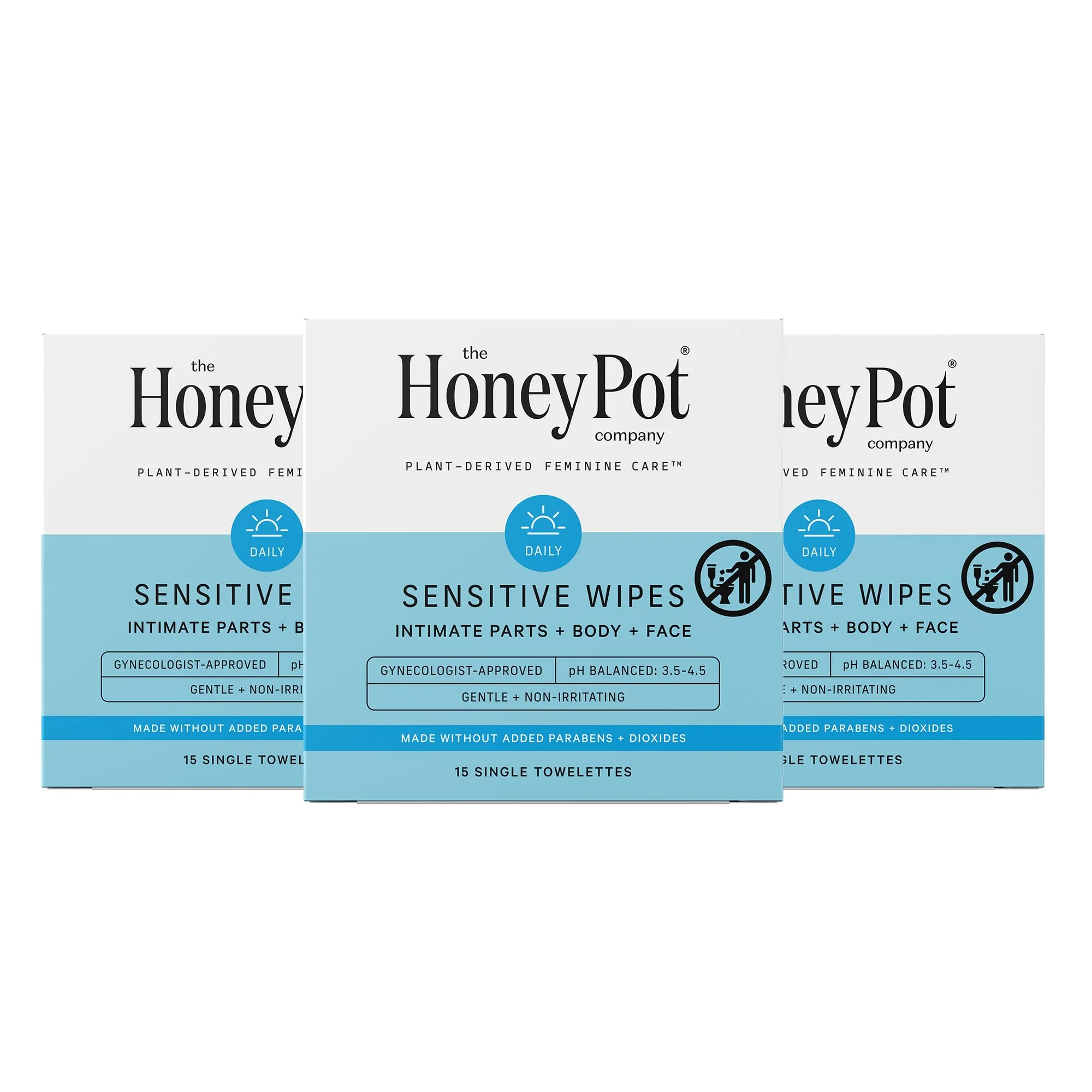 The Honey Pot Company - Feminine Wipes - Indivdually Wrapped - Daily PH Balancing, Fragrance & Sulfate Free Wipes for Intimate Parts, Body, or Face - Hygiene Products - 15 Ct (Pack 3)