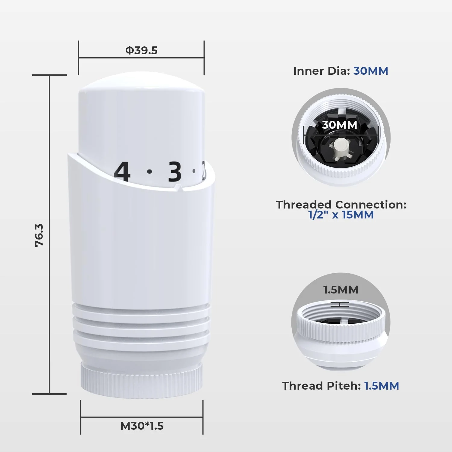 Thermostatic Valve Head - Vancoco Modern TRV Head Thermostatic Radiator Valve Thermostatic Valve Head Matt Finish M30x1.5 Corner Radiator Valves (White) - Image 6