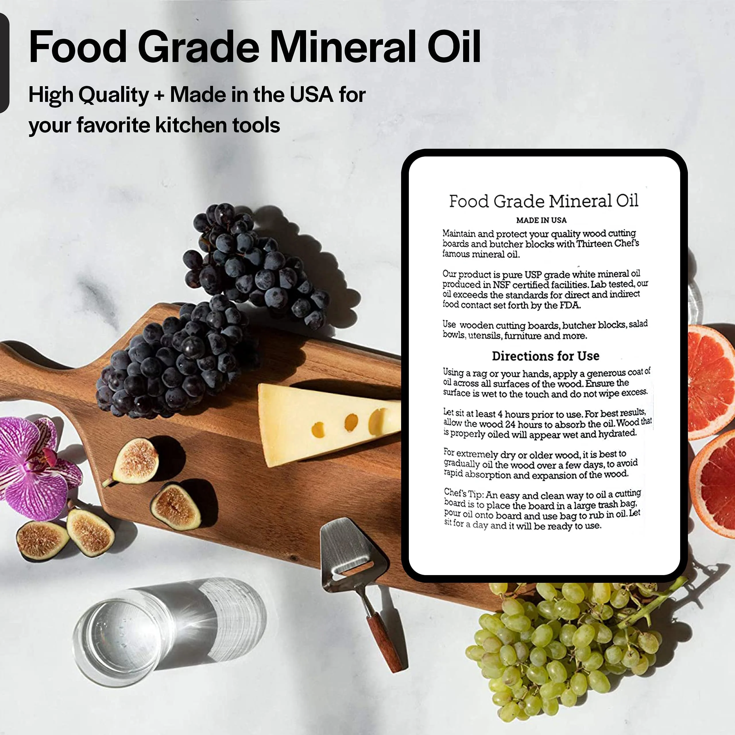 Thirteen Chefs Mineral Oil - 64oz Food Grade Conditioner for Wood Cutting Board, Countertop & Butcher Block, Lubricant for Knife or Meat Grinder - Safe USP Finish on Marble, Soapstone - Image 5