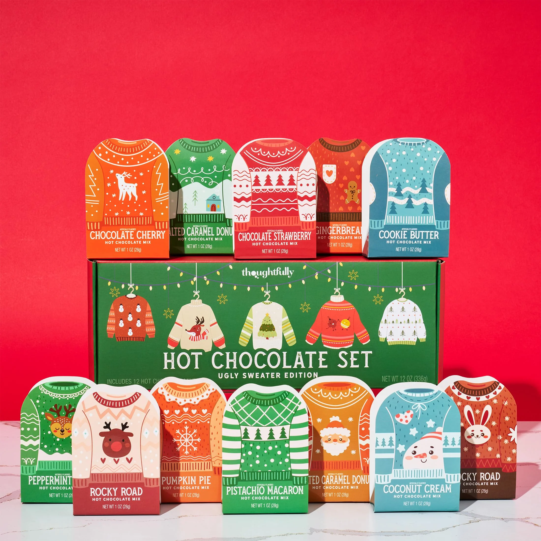 Thoughtfully, Holiday Hot Chocolate Mix Gift Set, Ugly Sweater Cocoa Sampler with 12 Flavored Packets Including Peppermint, Gingerbread, Rocky Road & More, Christmas Gift Box, Set of 12 - Image 3