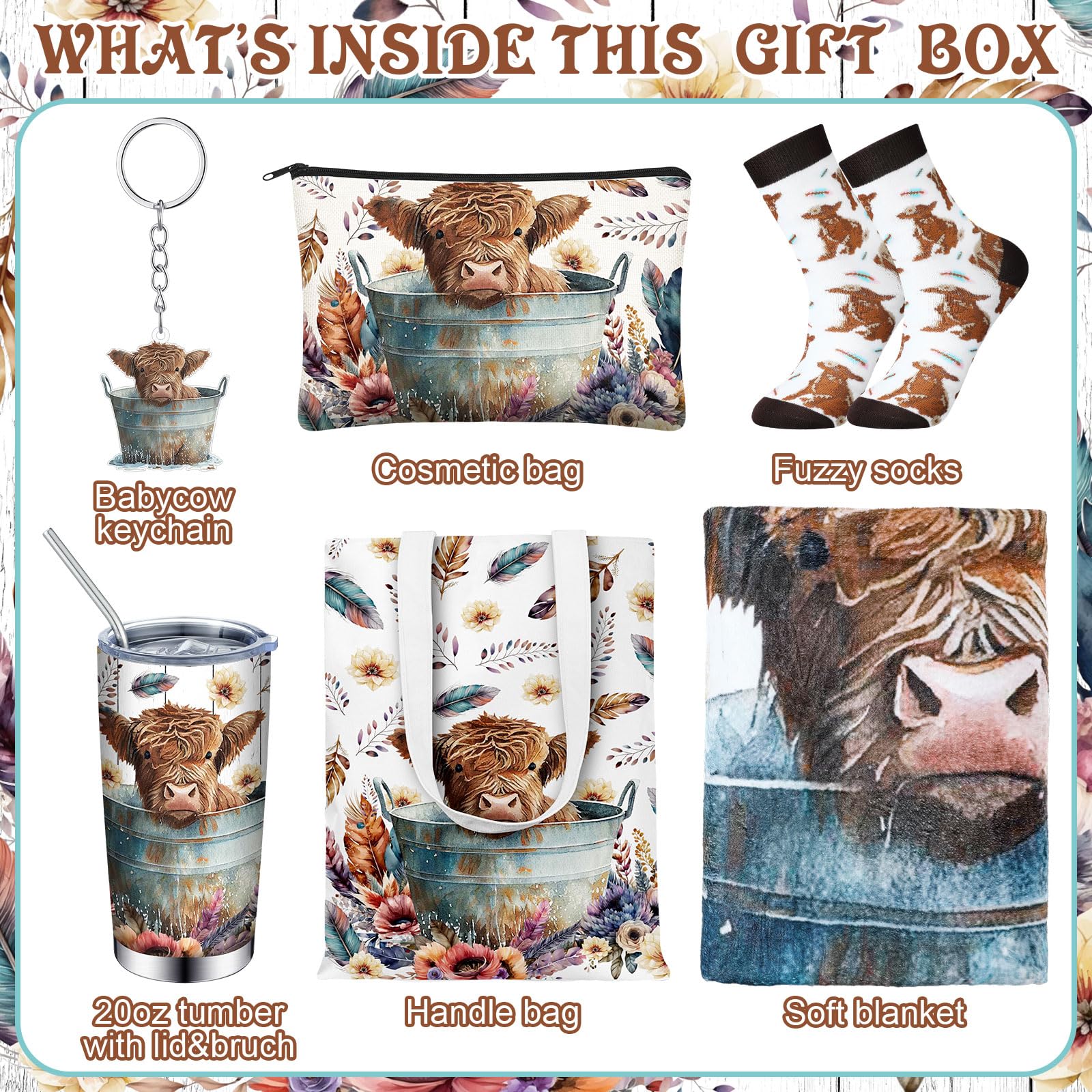 Tiangrid 6 Pcs Western Highland Cow Gifts for Women Include 20 oz Stainless Steel Tumbler with Lid Straw Cosmetic Bag Throw Blanket Keychain Socks Handbag for Highland Cow Lovers Birthday Christmas - Image 5