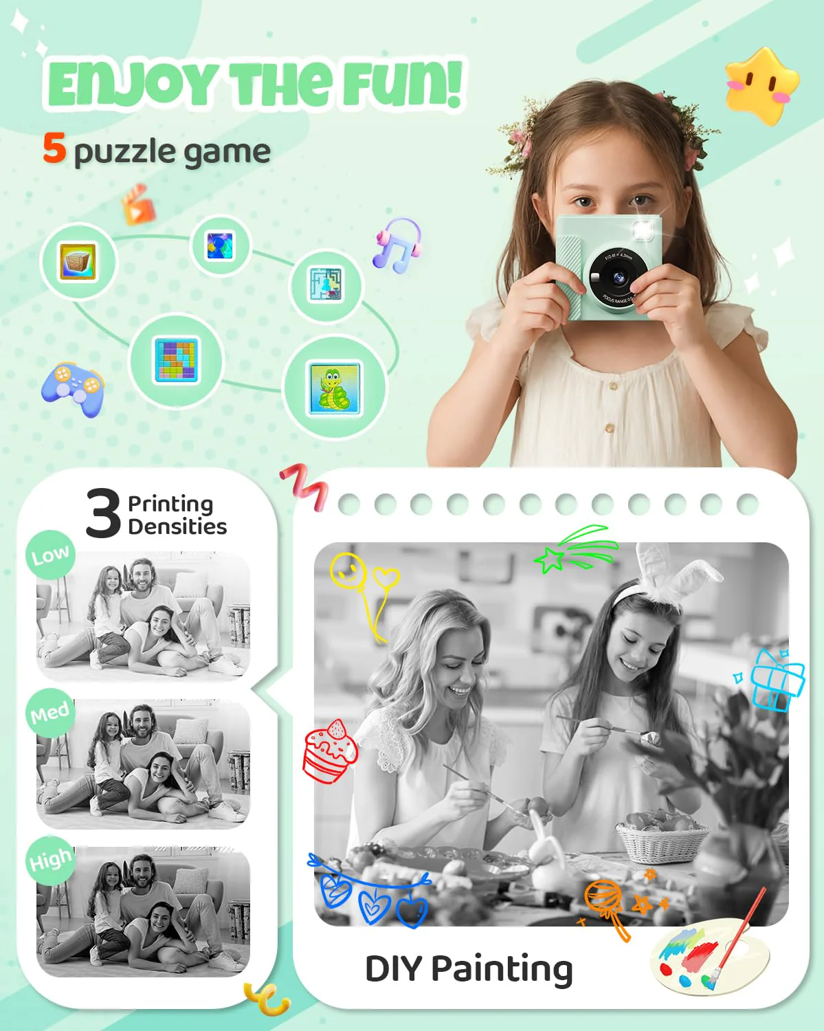 TIATUA Kids Instant Print Camera, Christmas Birthday Gifts for Girls and Boys, 1080P HD Video Digital Kids Camera with Print Paper & 32G Card, Toddler Toy for 3-14 Years Old (Green) - Image 4