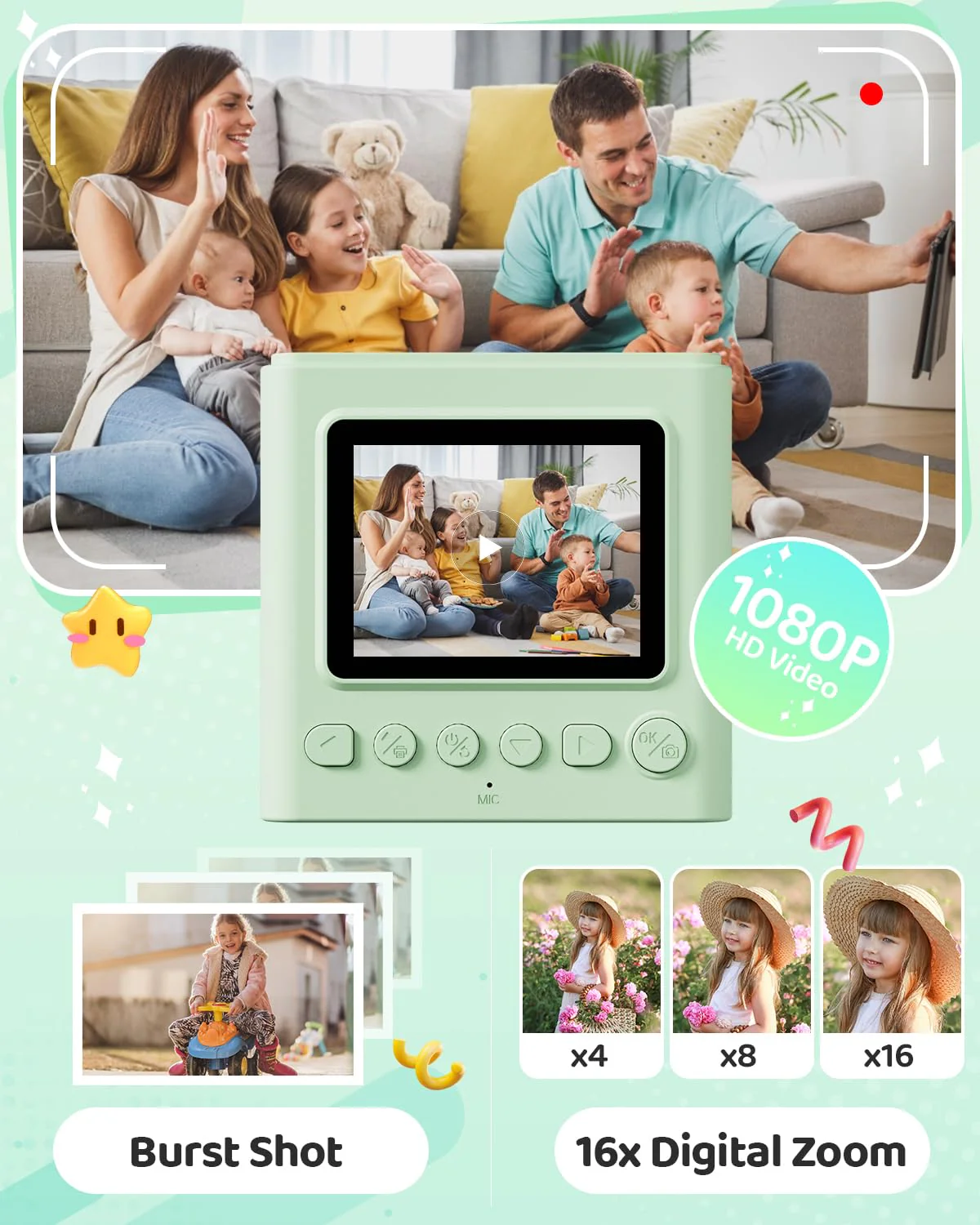 TIATUA Kids Instant Print Camera, Christmas Birthday Gifts for Girls and Boys, 1080P HD Video Digital Kids Camera with Print Paper & 32G Card, Toddler Toy for 3-14 Years Old (Green) - Image 5
