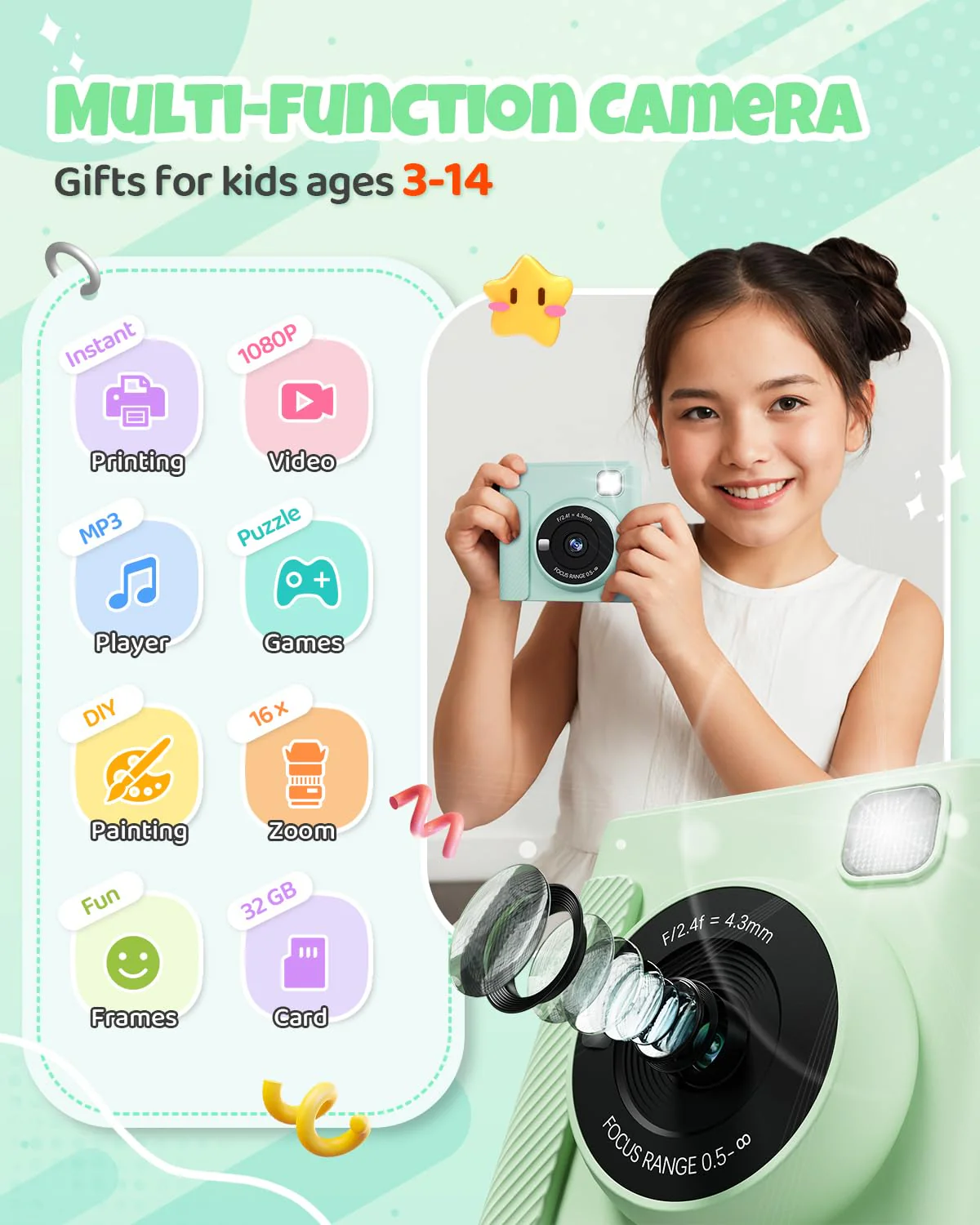 TIATUA Kids Instant Print Camera, Christmas Birthday Gifts for Girls and Boys, 1080P HD Video Digital Kids Camera with Print Paper & 32G Card, Toddler Toy for 3-14 Years Old (Green) - Image 7