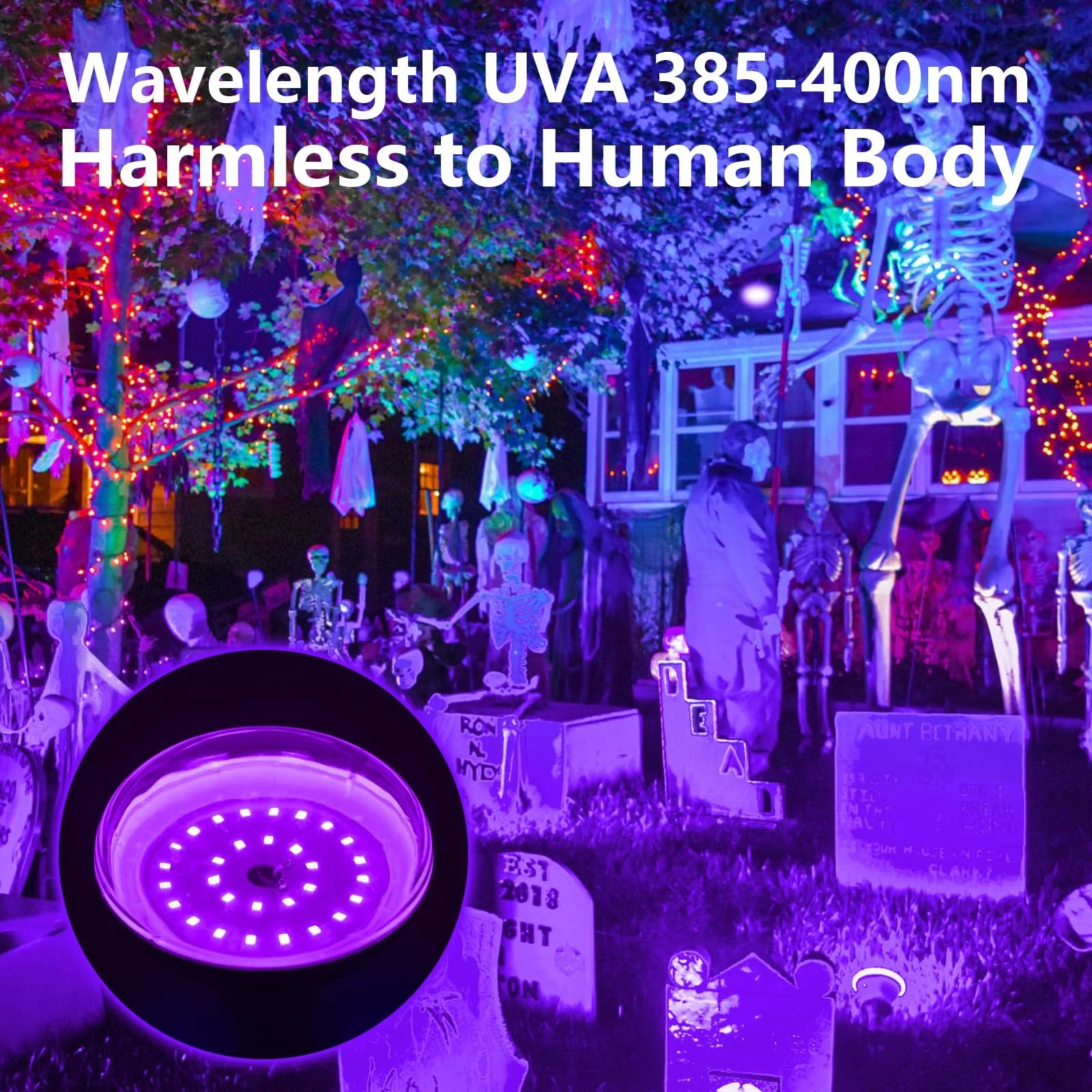 TigQiang 6 Pack Black Light Bulbs, Blacklight Bulb 120W Equivalent, E26 BR30 LED Black Light Bulb 385-400nm for Halloween Christmas Decorations, Body Paint, Glow in The Dark Party, Fluorescent Poster - Image 5