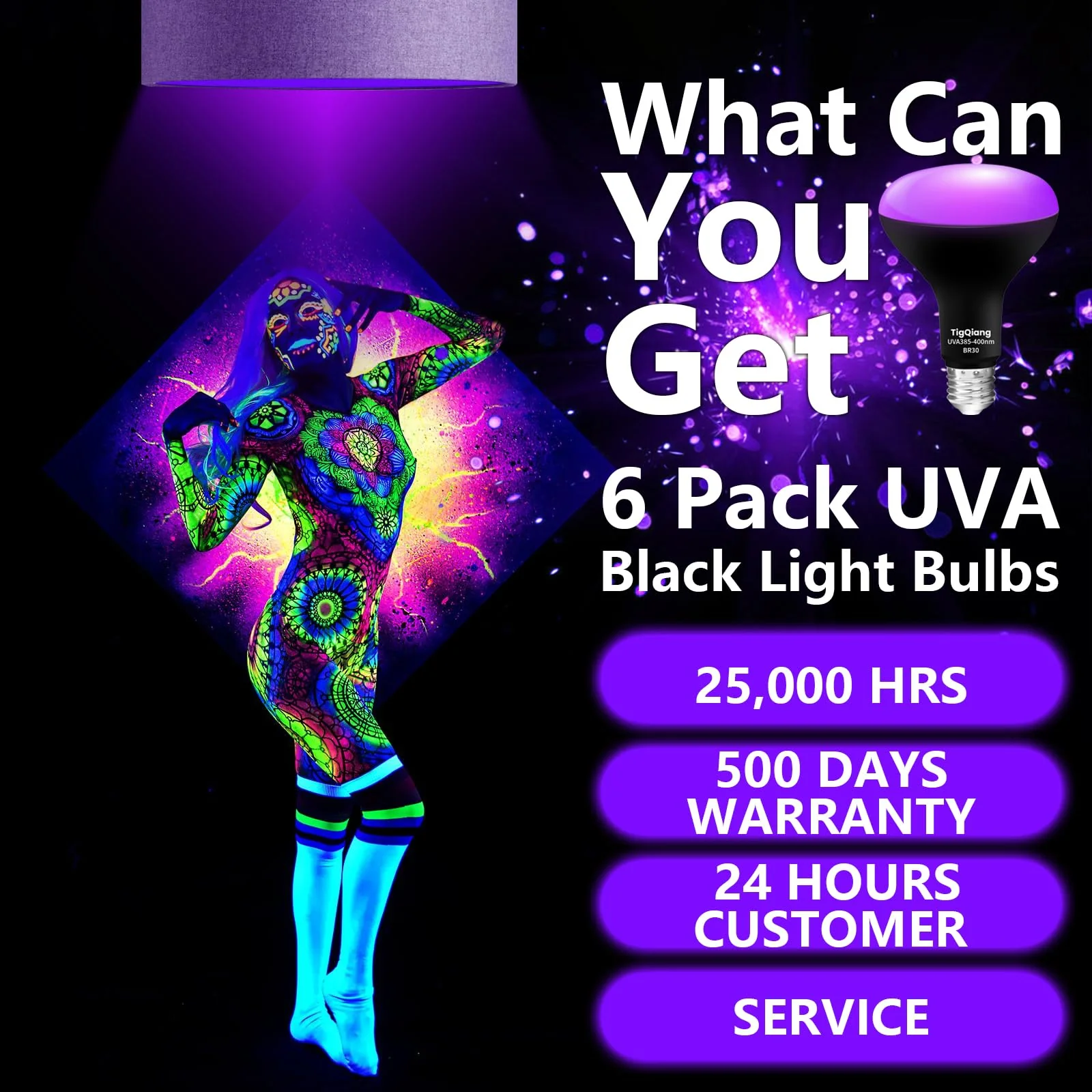 TigQiang 6 Pack Black Light Bulbs, Blacklight Bulb 120W Equivalent, E26 BR30 LED Black Light Bulb 385-400nm for Halloween Christmas Decorations, Body Paint, Glow in The Dark Party, Fluorescent Poster - Image 6
