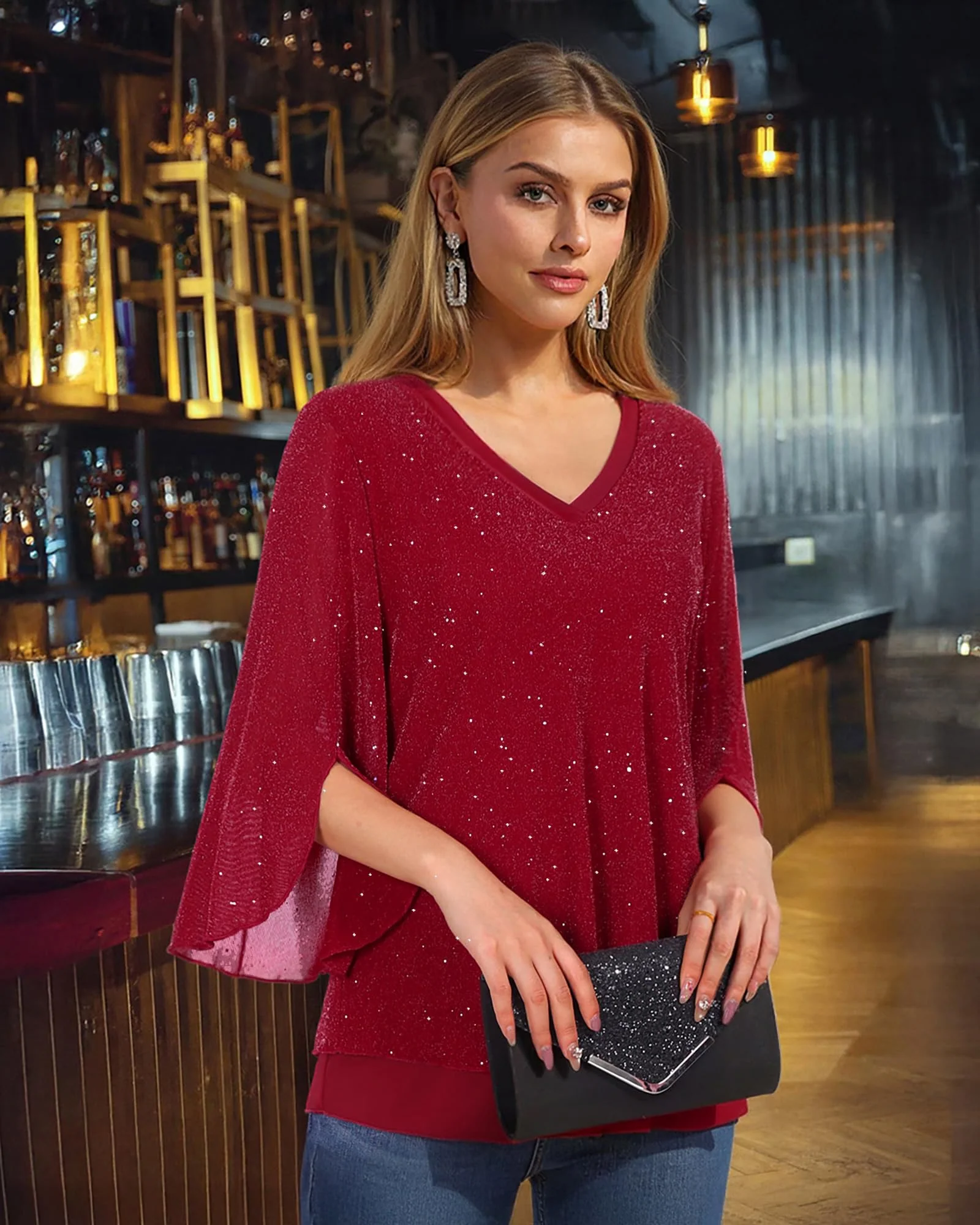 Timeson Womens Christmas Tops: Sparkly 3/4 Sleeve Night Out - Womens Blouses Dressy Casual - Fashion Fall Shirts Red Tunics Holiday Clothes Plus Size Date Outfits Fancy Festive Attire Loose Fit XL - Image 3