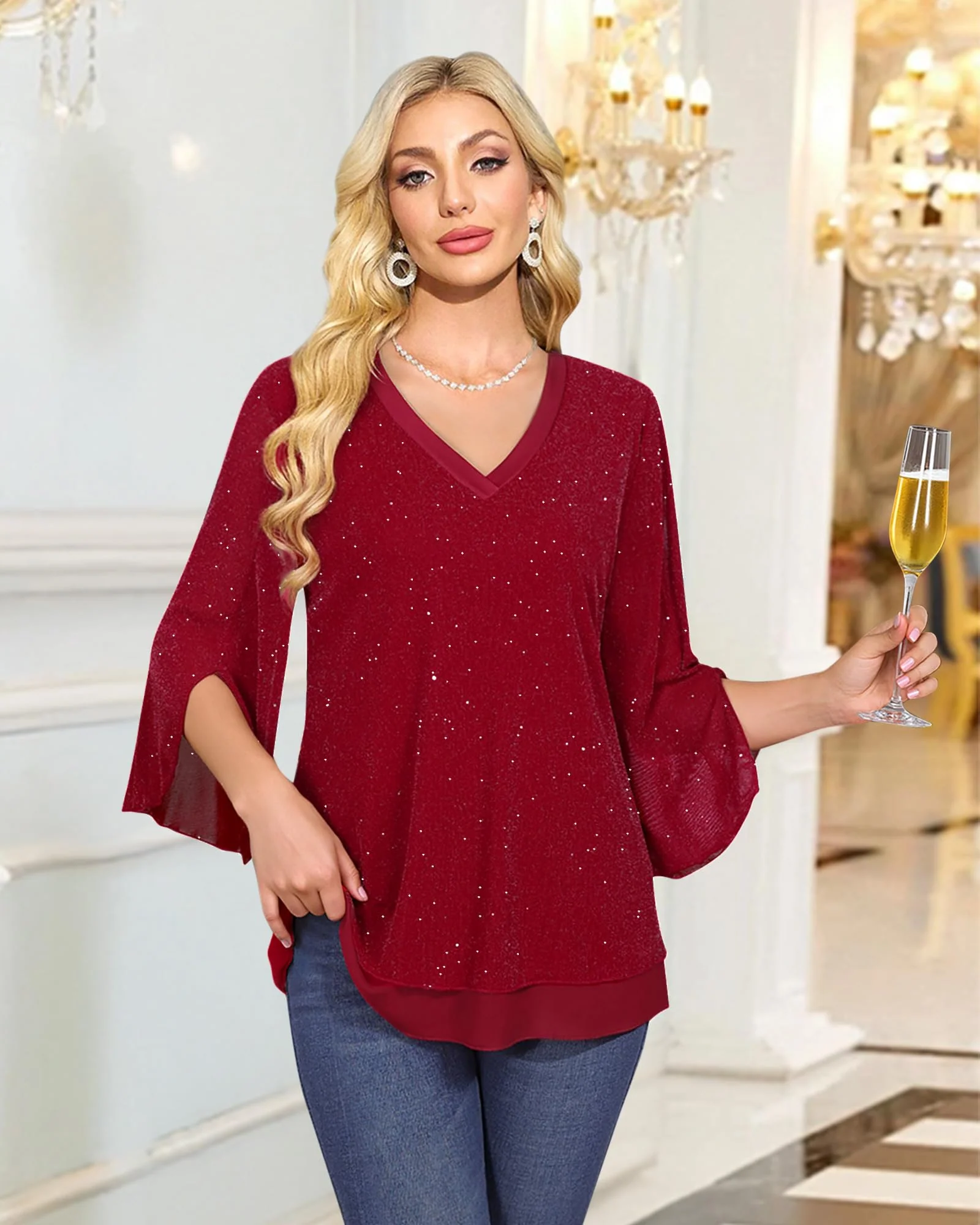 Timeson Womens Christmas Tops: Sparkly 3/4 Sleeve Night Out - Womens Blouses Dressy Casual - Fashion Fall Shirts Red Tunics Holiday Clothes Plus Size Date Outfits Fancy Festive Attire Loose Fit XL - Image 4