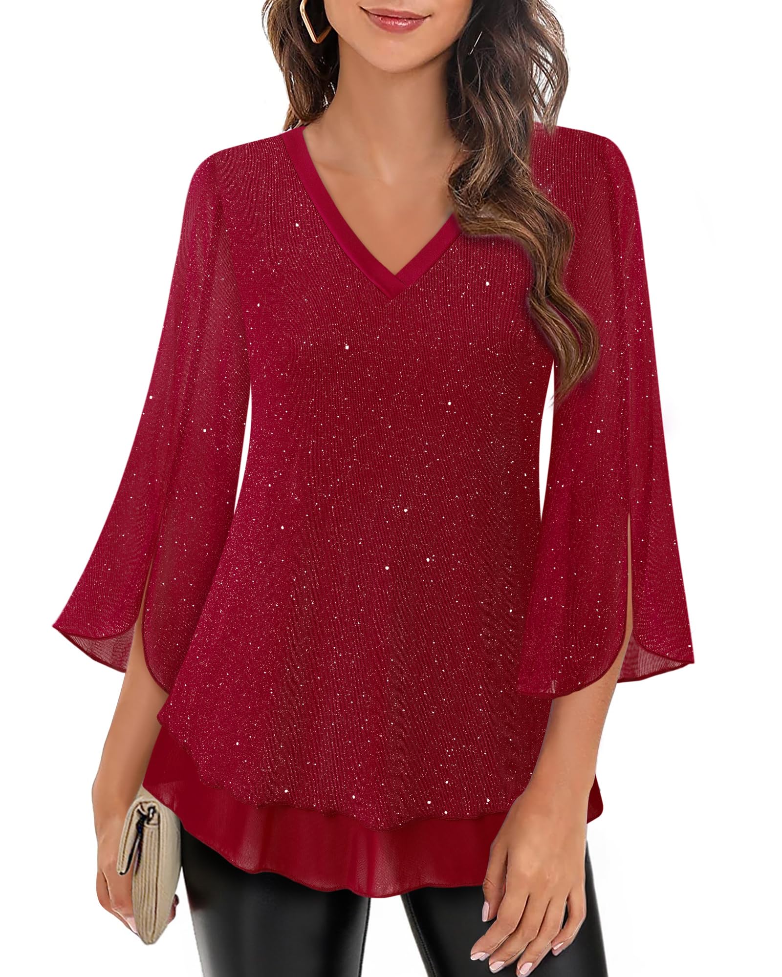 Timeson Womens Christmas Tops: Sparkly 3/4 Sleeve Night Out - Womens Blouses Dressy Casual - Fashion Fall Shirts Red Tunics Holiday Clothes Plus Size Date Outfits Fancy Festive Attire Loose Fit XL - Image 5
