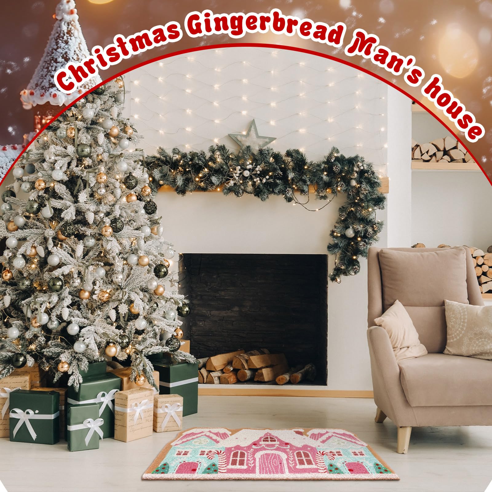 Tinideya Pink Christmas Gingerbread House Doormat 23.6 x 13.7 Inch Pastel Candyland Christmas Welcome Door Mat Cute Gingerbread Artificial Coir Non Slip Entrance Rugs for Indoor Outdoor Kitchen Decor - Image 3