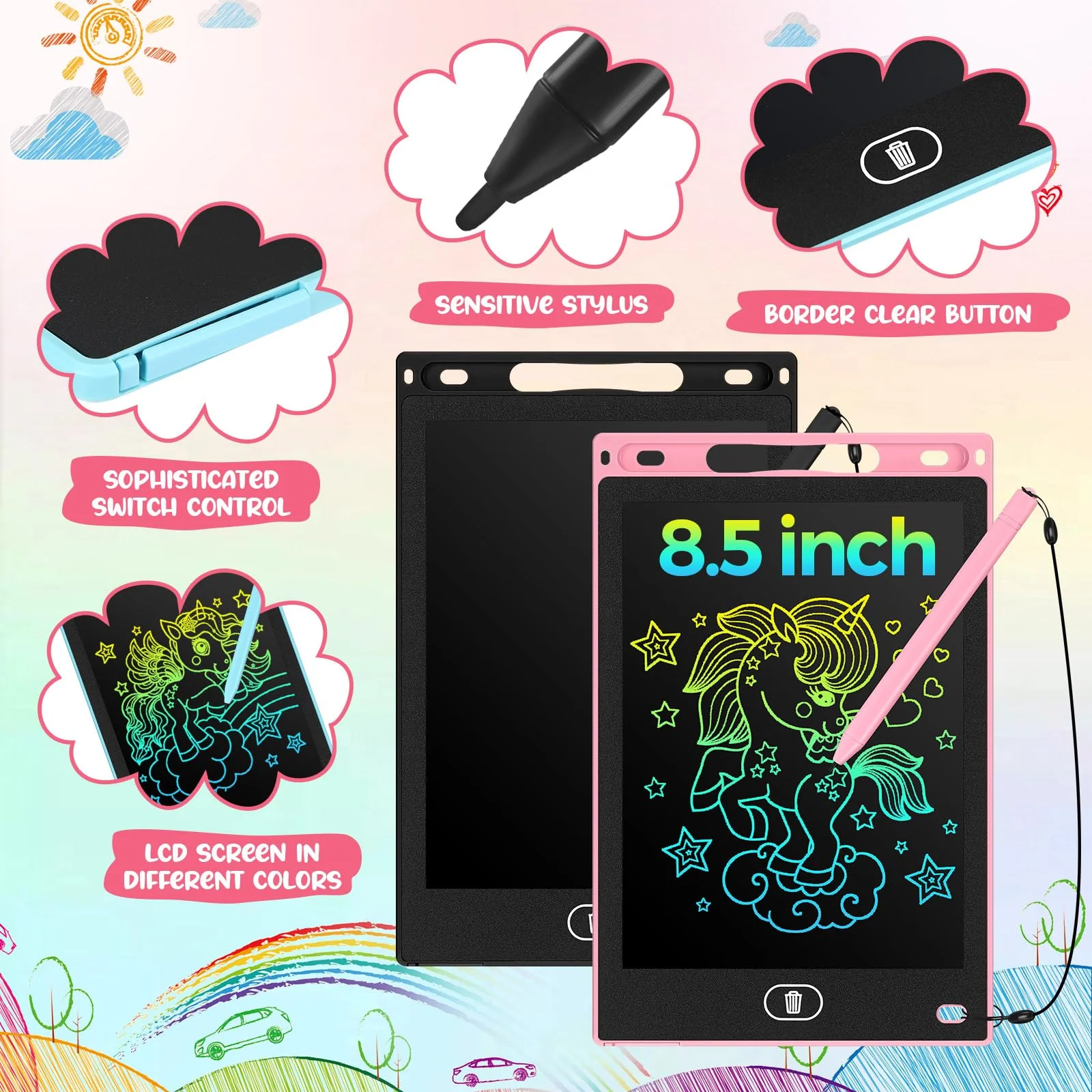 Tinlade 12 Pack LCD Writing Tablets for Kids, 8.5 Inch Erasable Doodle Boards Portable Electronic Drawing Pads, Learning Bulk Toys Gifts for Christmas School(Pink, Light Blue, White, Black) - Image 6