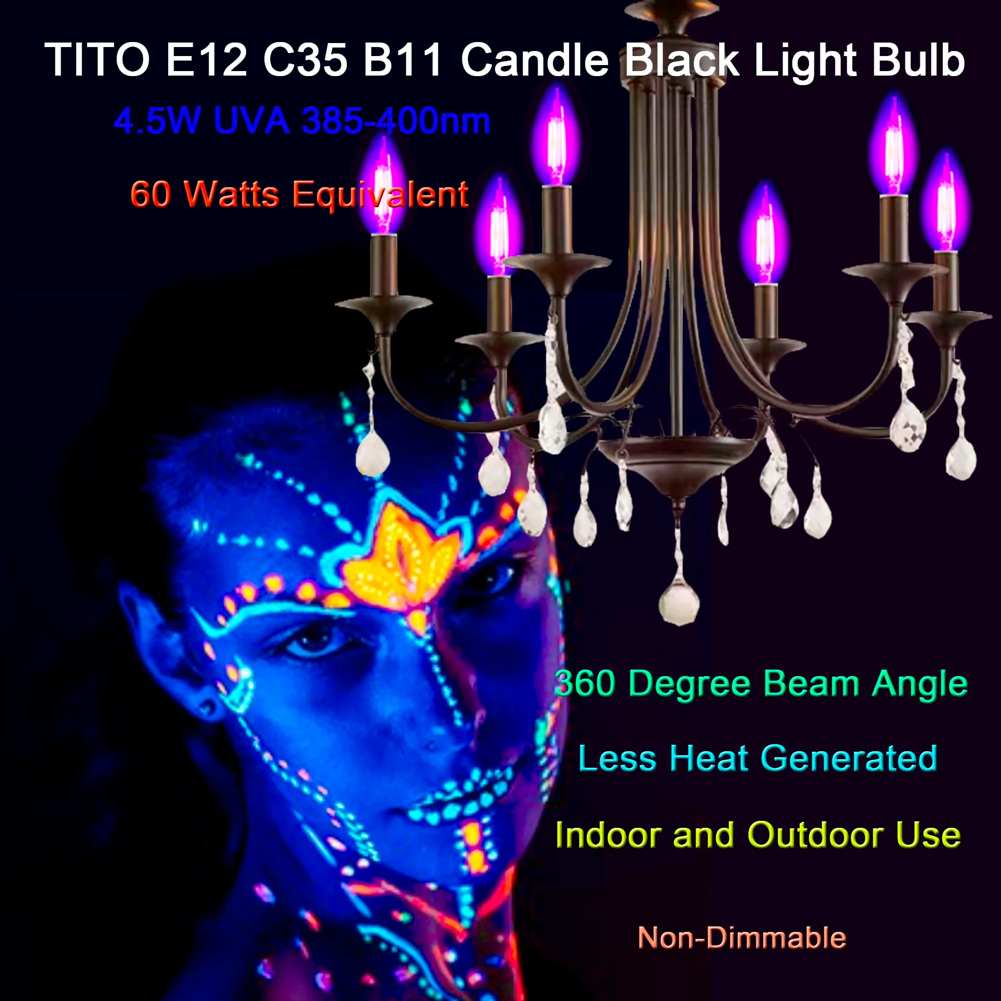 TITO 6 Pack E12 B11 Filament LED Candle Black Light Bulbs, UVA 395nm 4.5W Candelabra Black Light Bulb, 60W Blacklight Bulb Equivalent, Glow in Dark Halloween Christmas Party Fluorescent Posters Decor - Image 5