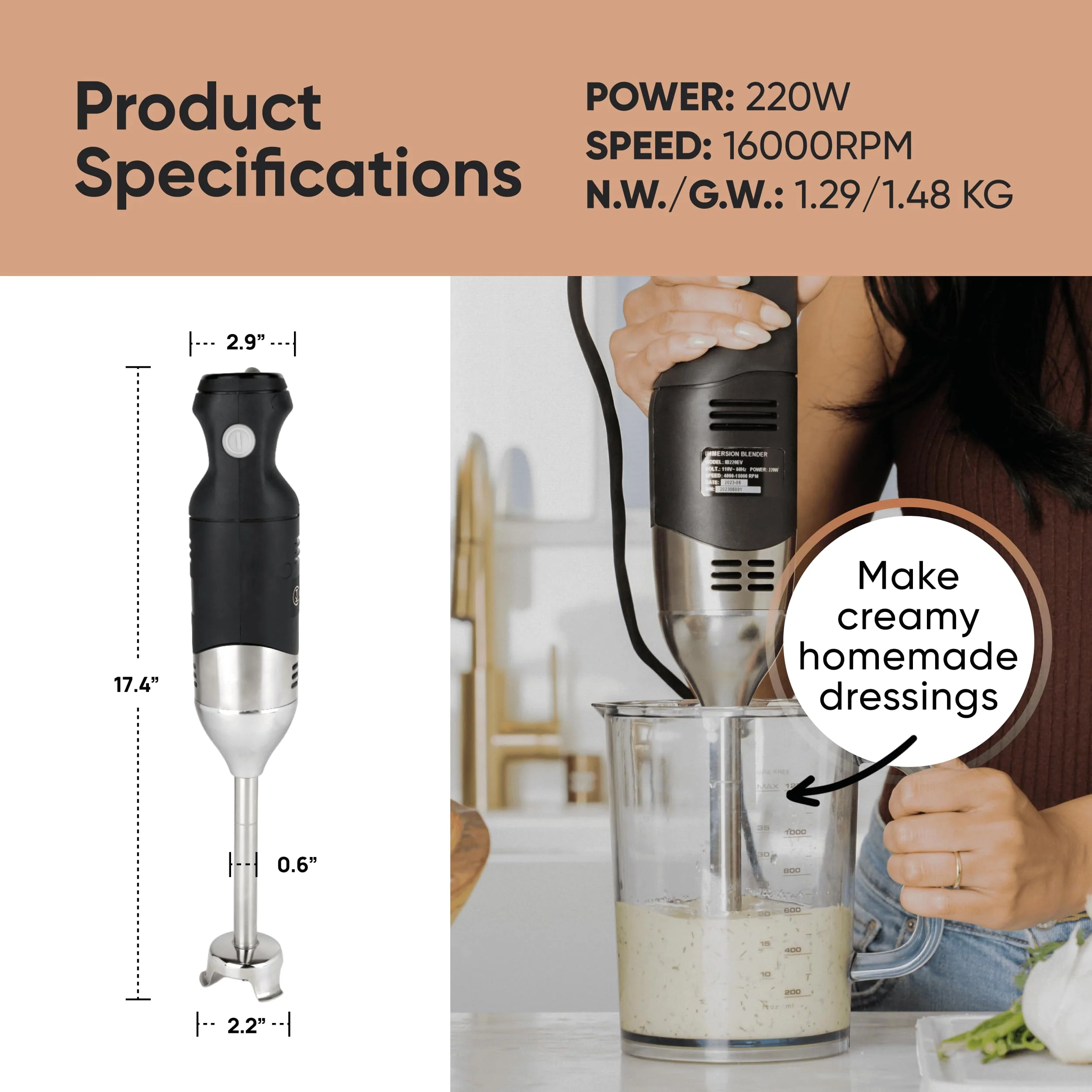 TK Tartle Kitchen Handheld Immersion Blender 220W - 7” Stainless Steel with 8 Speeds - 110V + 1-Yr Coverage and 24/7 Pro Chef Support - Image 3
