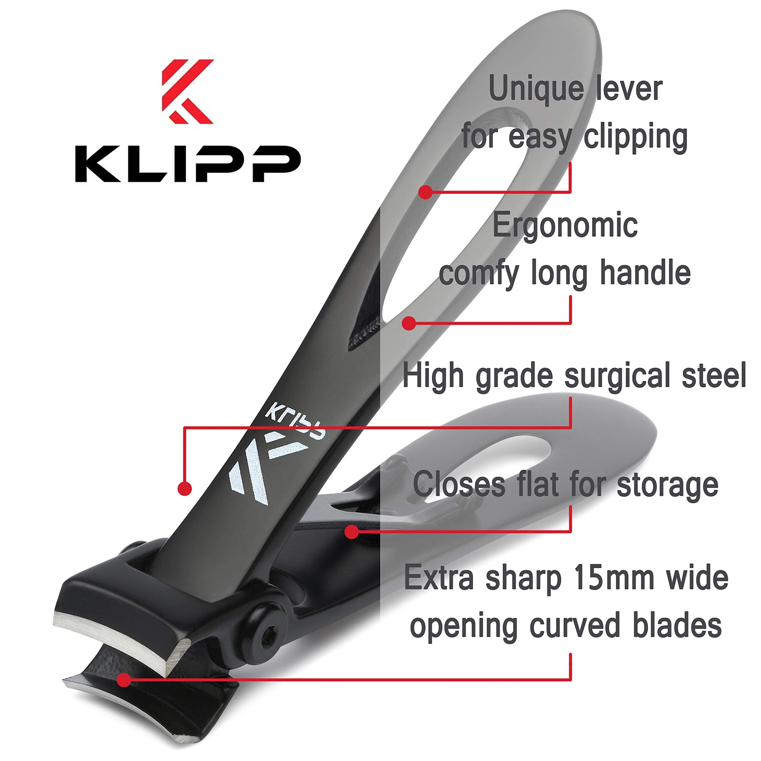 Toenail Clippers for Thick Toenails – KLIPP 15 mm Wide Jaw Thick Fingernail and Toenail Cutter with Curved Stainless-Steel Blades for Seniors – Podiatry Tool for Manicure Pedicure Toe Nail Care - Image 3