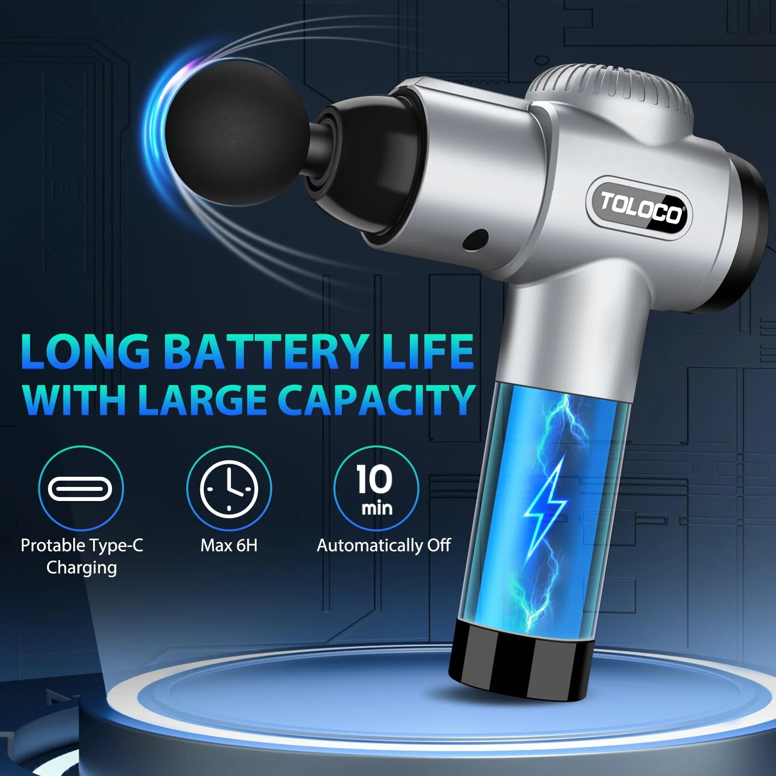 TOLOCO Massage Gun, Muscle Massage Gun Deep Tissue for Athletes with 10 Massage Heads, Electric Percussion Massager for Any Pain Relief, Gifts for Fathers Day, Silver - Image 5