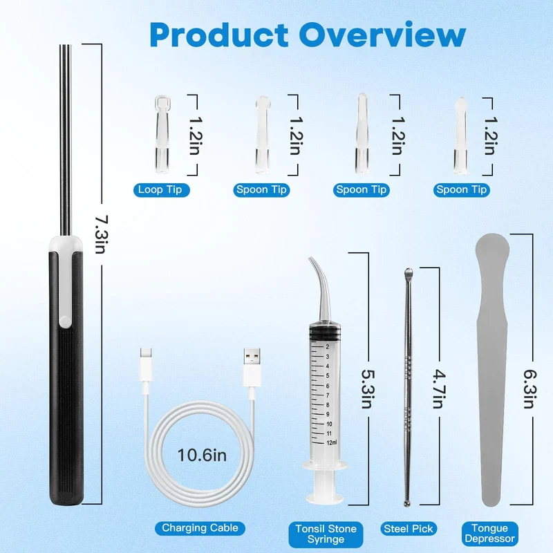 Tonsil Stone Remover Kit with Camera, Visual Tonsil Stone Removal Tool with LED Light, Rechargeable Tonsillolith Removal Tool with 4 Head - Fight Bad Breath - Attachments for iOS & Android(Black) - Image 2