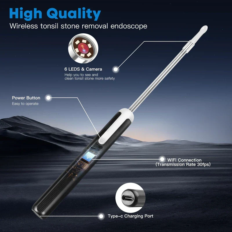 Tonsil Stone Remover Kit with Camera, Visual Tonsil Stone Removal Tool with LED Light, Rechargeable Tonsillolith Removal Tool with 4 Head - Fight Bad Breath - Attachments for iOS & Android(Black) - Image 4