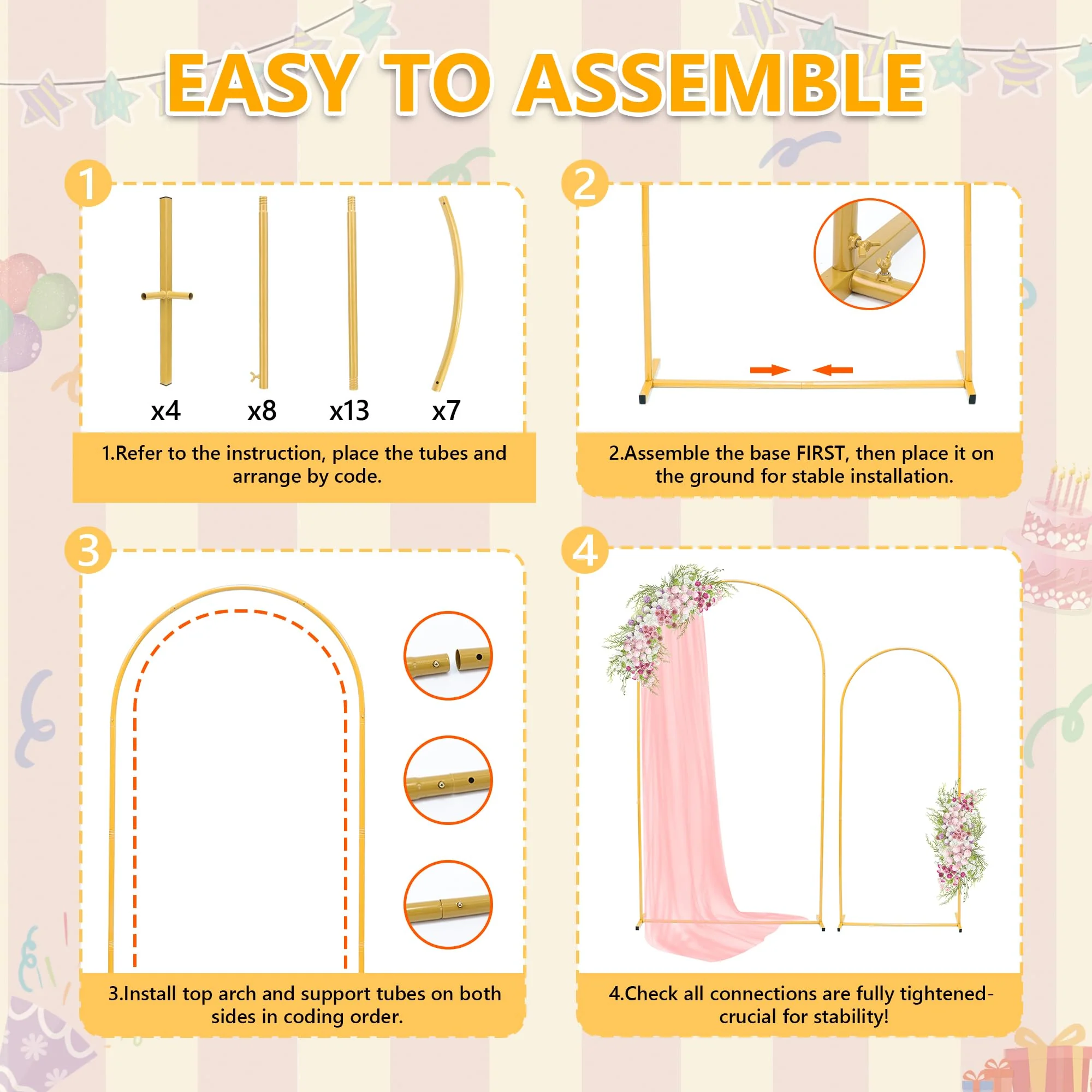 Toodour Arch Backdrop Stand 7.2FT, 6FT Set of 2 Gold Metal Wedding Balloon Arch Stand for Birthday Anniversary Graduation Ceremony Opening Ceremonies Christmas New Year Garden Decorations - Image 7