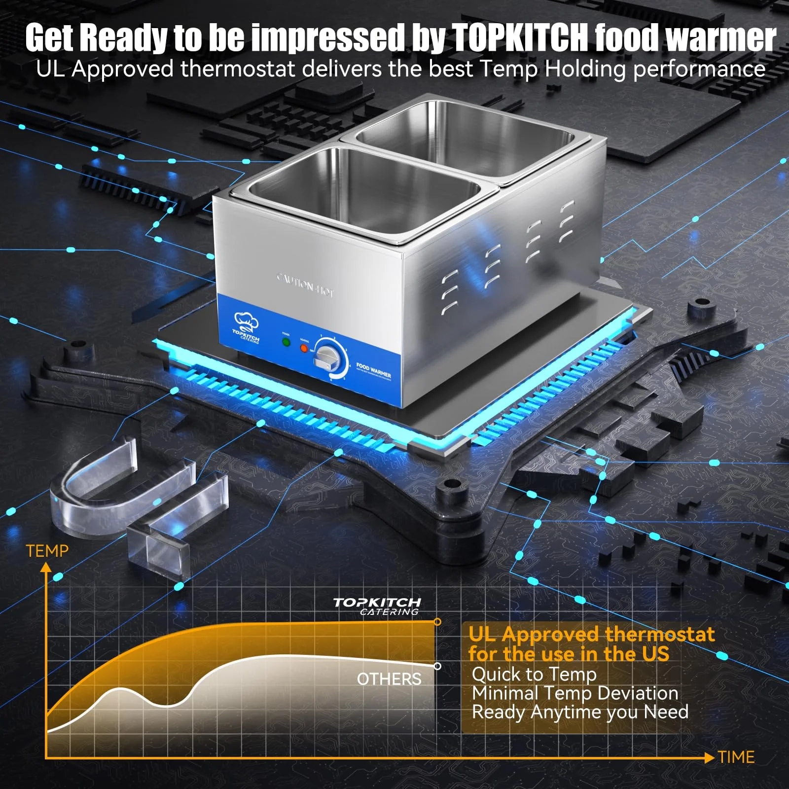 TOPKITCH 2-Pan Commercial Food Warmer with Non-Leakage Stretch-Forming Water Tank &2 of 1/2 Size GN Pan,18L Countertop Steam Table Soup Station Bain Marie for Buffet,Catering,Parties and Restaurants - Image 3