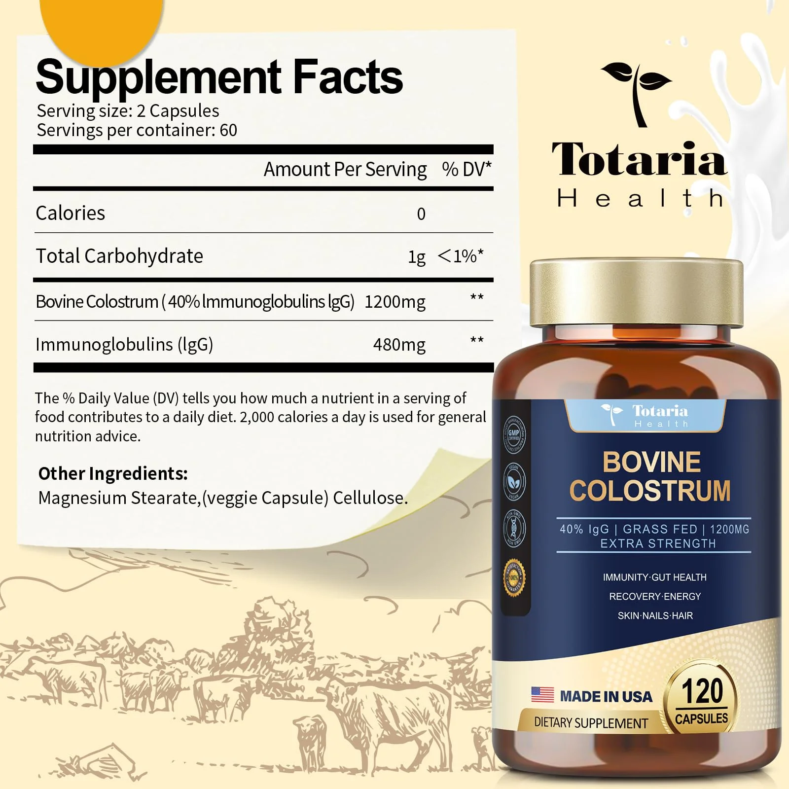 Totaria Bovine Colostrum Supplement Capsules for Gut Health, Hair Growth, Beauty and Immune Support - USA Farm Grass Fed - No Fillers, GMP Certified Calostro Bovino para Adultos Organico, 60 Servings - Image 4