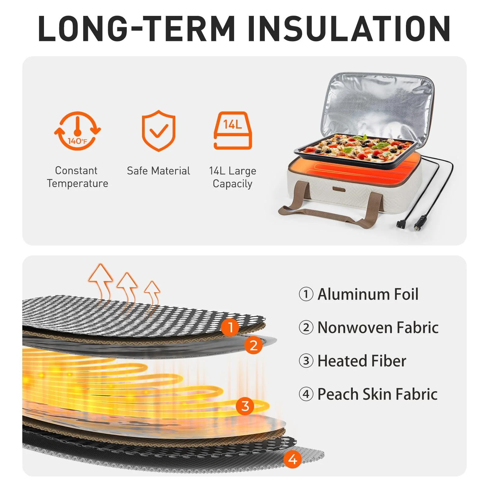 TOURIT Food Warmer Heated Casserole Carrier Electirc 12V 110V Portable Food Warmer Insulated Casserole Carrier for Fits 9" x 13" Baking Dish - Image 4