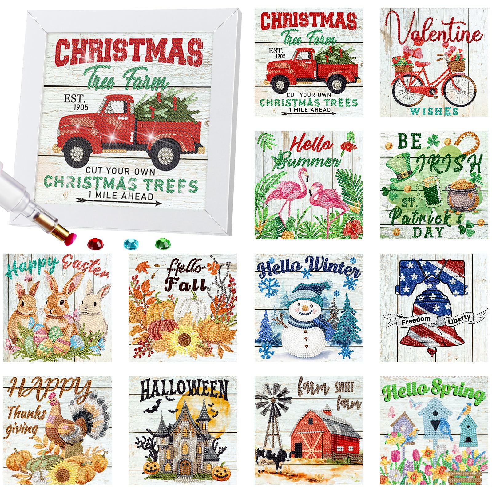 Trandraft 13 Pcs Interchangeable Seasonal Diamond Painting Kits for Adults Monthly 5D Diamond Art Calendar Kits with Frame for Christmas Thanksgiving Winter Holiday Decor Gift(Stylish Style)