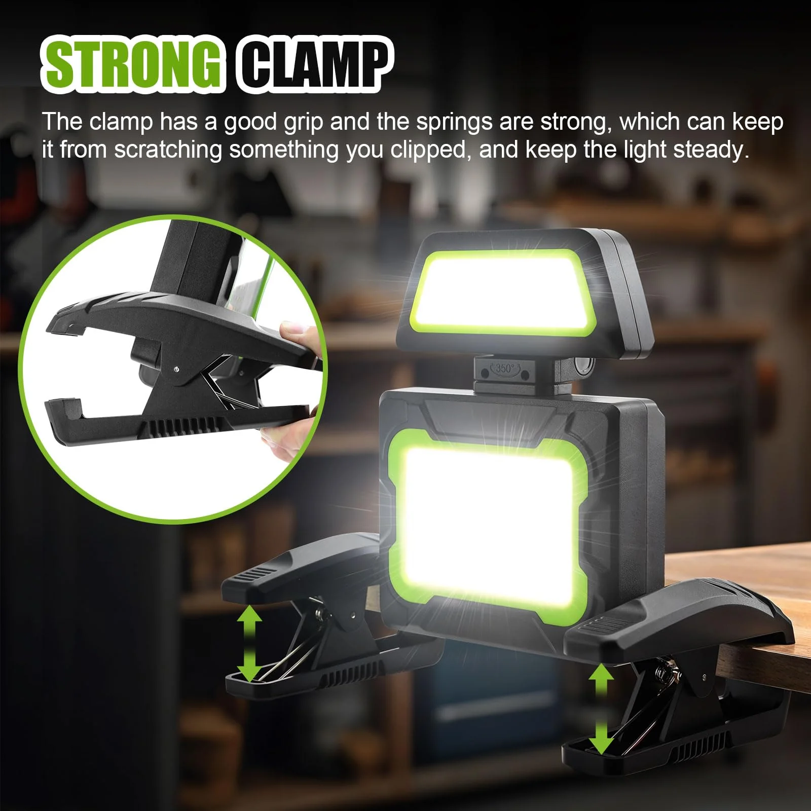 Tresda Rechargeable Work Light with Clamp, 3000 Lumen Magnetic Work Light Battery Powered with 5 Light Modes, 350° Rotation, Portable Job Site Lighting for Construction Site, Workshop, Car Repairing - Image 7