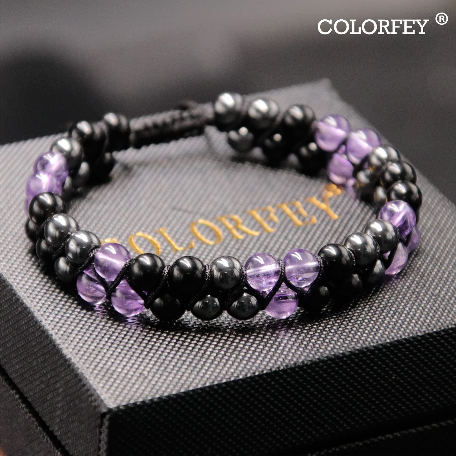 Triple Protection Bracelet for Women, Genuine Healing Crystal Bracelet Amethyst Black Obsidian Hematite 6mm, Pyramid Energy Crystal Beads Bracelet Christmas Gifts for Mom Wife for Protection Balance - Image 2