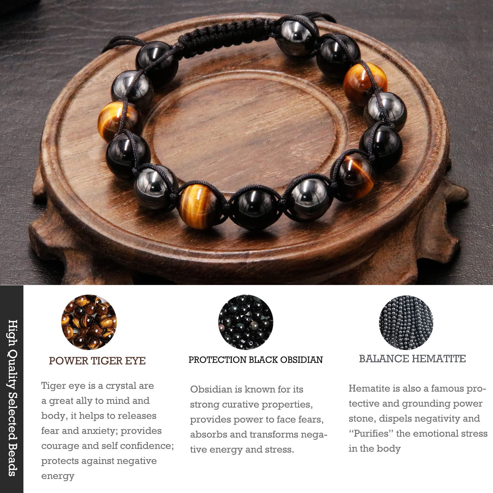 Triple Protection Bracelet for Women Men, 10mm Crystal Beads Bracelet Handmade with Real Tiger Eye Black Obsidian and Hematite, Natural Crystal Bracelet Mens Christmas Gift for Protection and Balance - Image 3