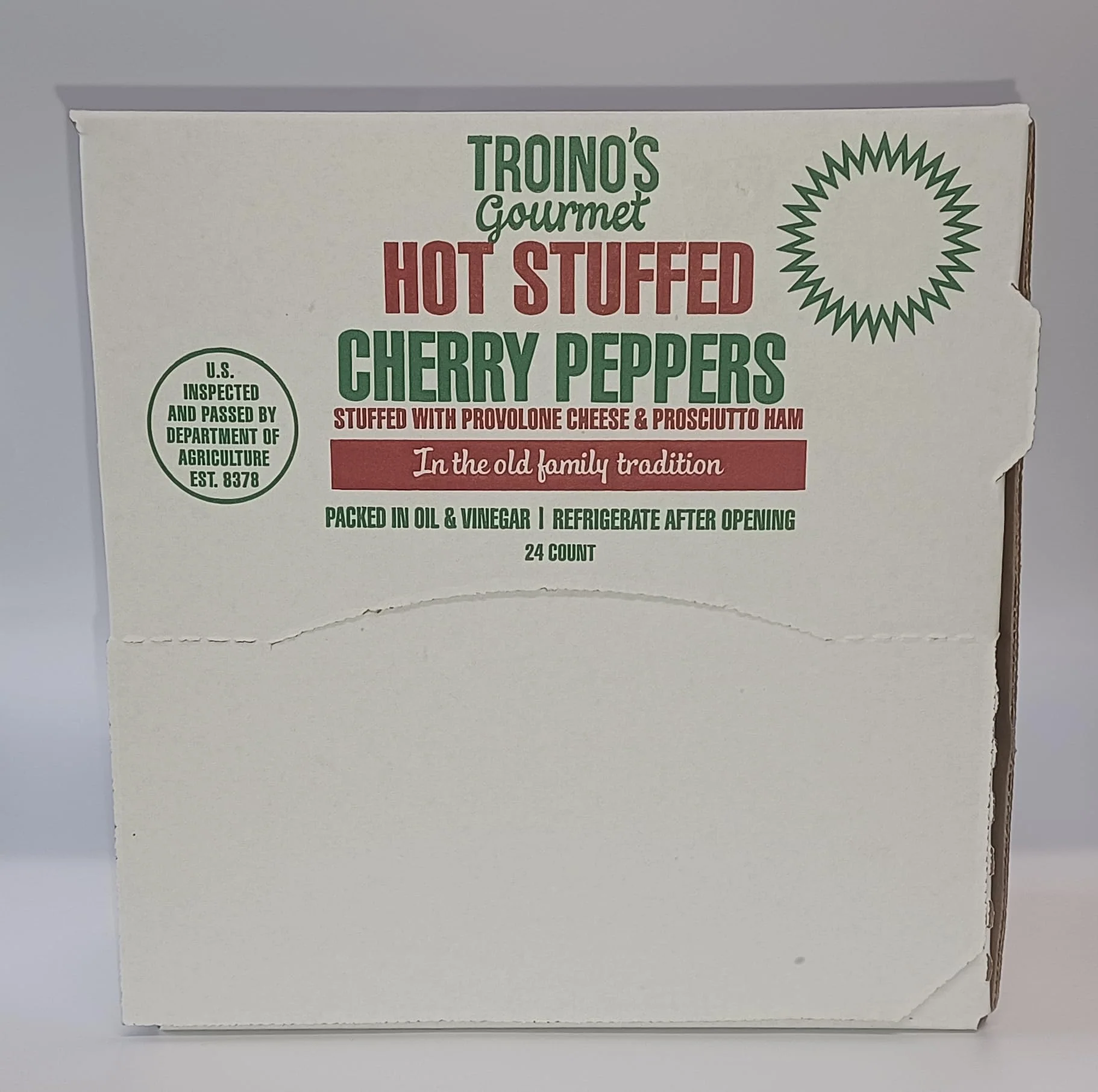 Troino's Gourmet Hot Stuffed Cherry Peppers with Prosciutto & Provolone (24 Individually Wrapped Hot Stuffed Singles in Counter Top Display Box) - Image 2