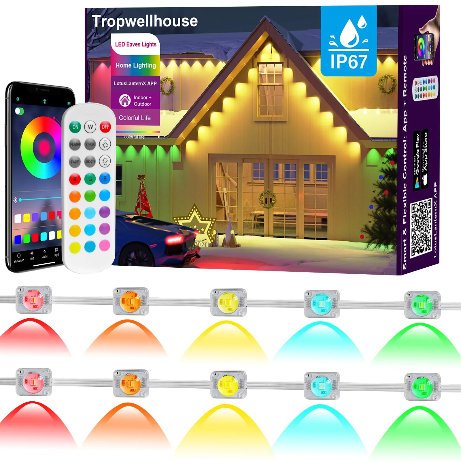 Tropwellhouse Permanent Outdoor Lights for House, 100ft RGB Smart LED Eave Lights with APP & Remote Control, IP67 Waterproof for Outdoor Decorations Including Halloween, Christmas, and Daily Lighting