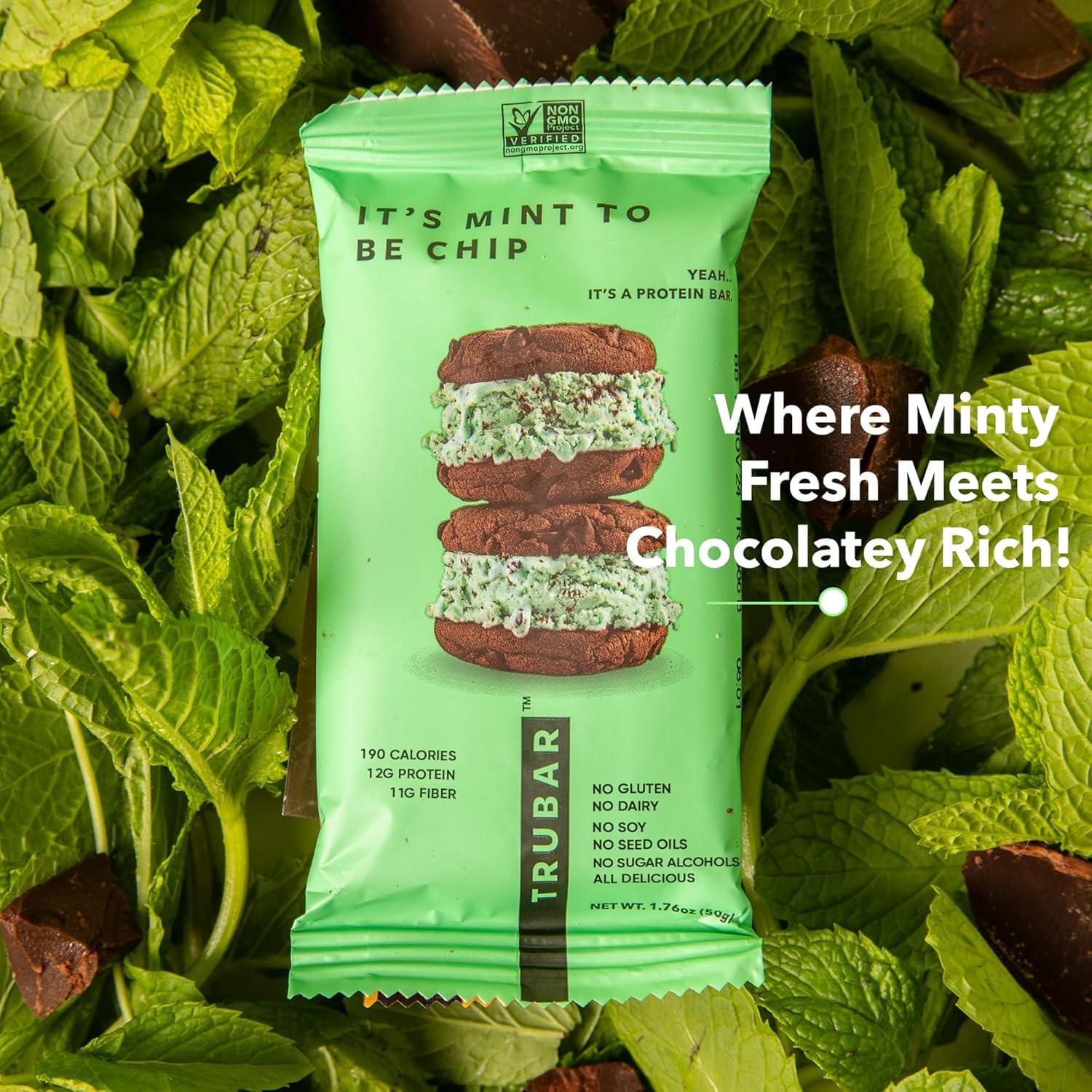 TRUBAR Vegan Protein Bar, It’s Mint to Be Chip, Gluten Free, Plant Based High Fiber, Dairy Free, Non GMO, Low Fat, No Sugar Alcohols, 12G Lean Protein, 13G Fiber, Healthy Snack Bars, 12 CT - Image 8